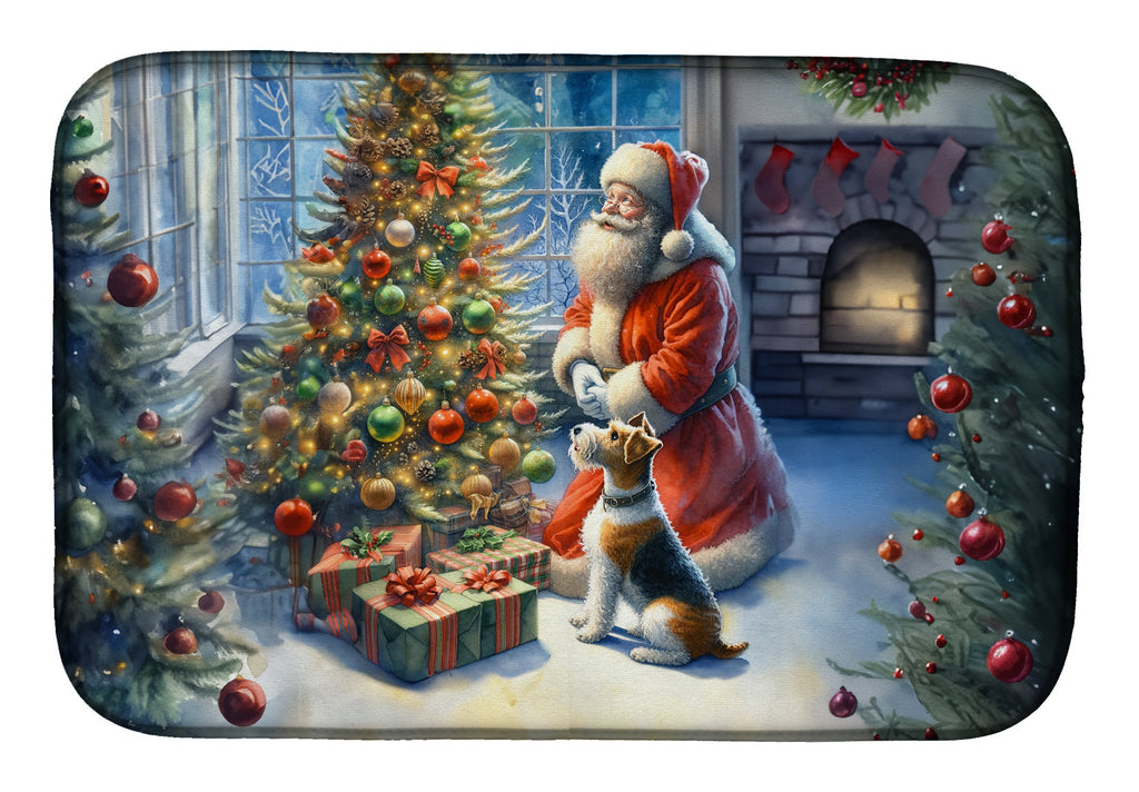 Fox Terrier and Santa Claus Dish Drying Mat Absorbent Dish Drying Mat Pad for Kitchen Counter Dish Drainer Mat for Countertop, 14 x 21", Multicolor