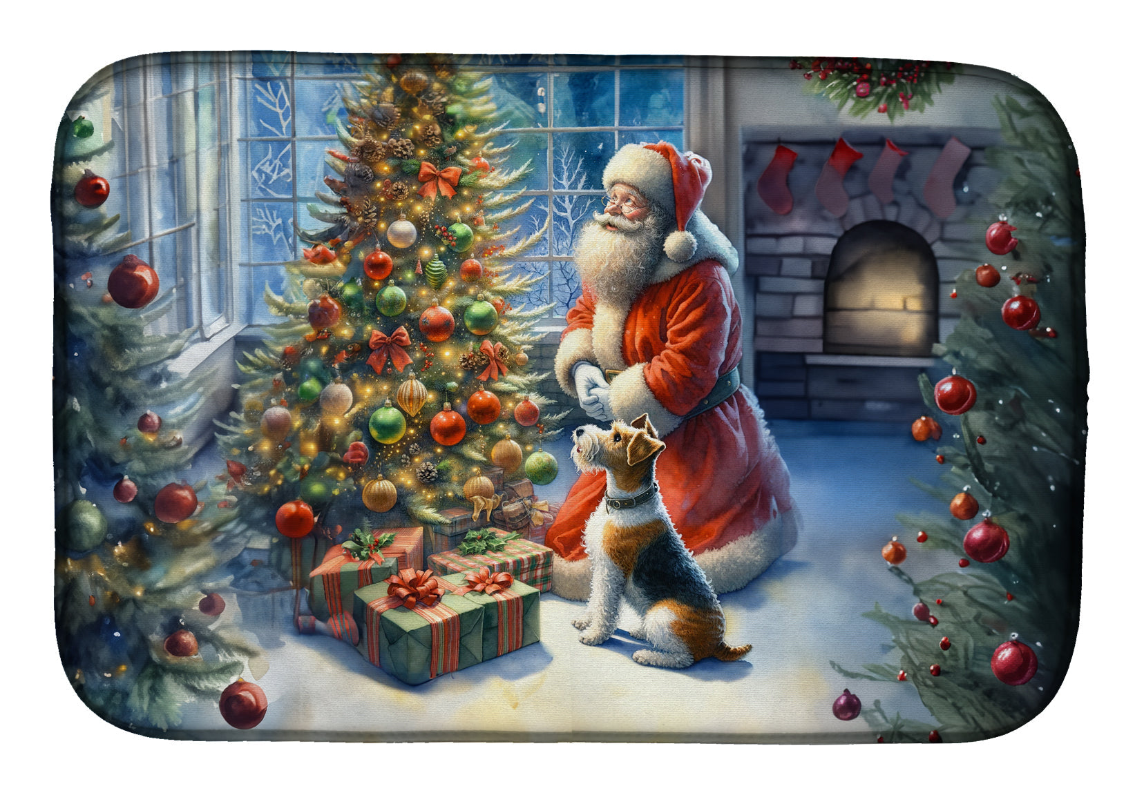 Fox Terrier and Santa Claus Dish Drying Mat Absorbent Dish Drying Mat Pad for Kitchen Counter Dish Drainer Mat for Countertop, 14 x 21", Multicolor