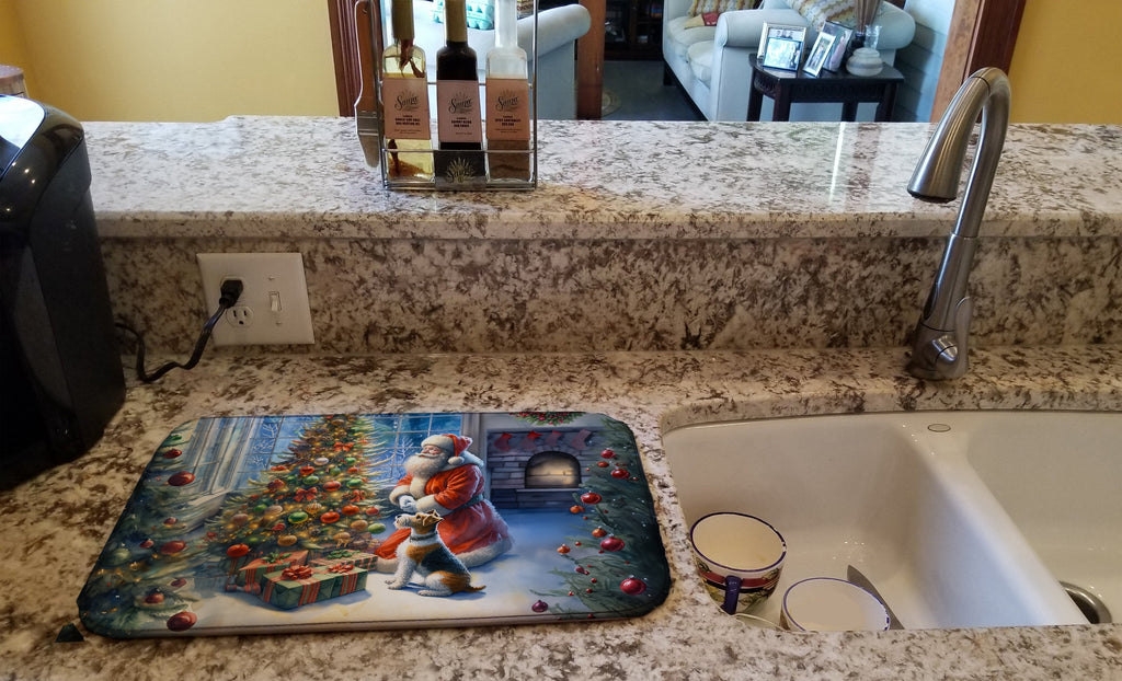 Fox Terrier and Santa Claus Dish Drying Mat Absorbent Dish Drying Mat Pad for Kitchen Counter Dish Drainer Mat for Countertop, 14 x 21", Multicolor