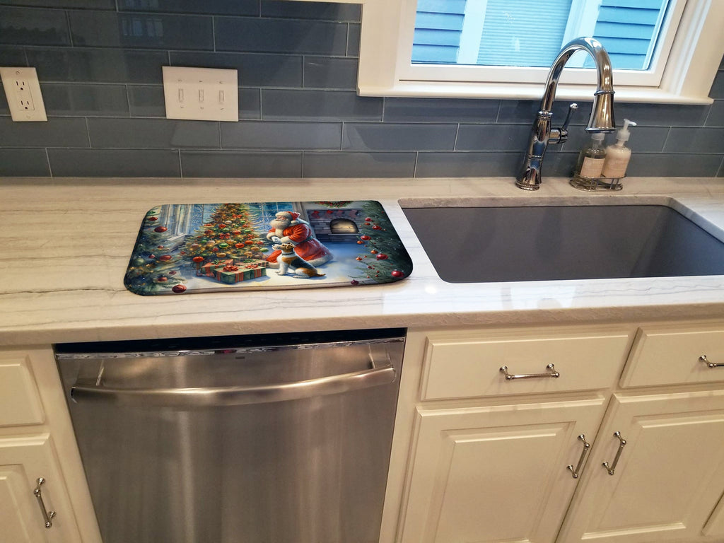 Fox Terrier and Santa Claus Dish Drying Mat Absorbent Dish Drying Mat Pad for Kitchen Counter Dish Drainer Mat for Countertop, 14 x 21", Multicolor