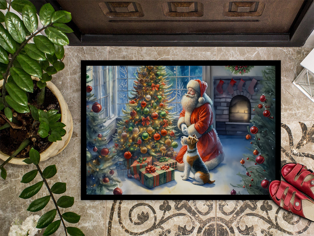 Fox Terrier and Santa Claus Doormat Indoor Outdoor 24H X 36W Front Door Mat Rugs for Entryway, Non Slip Washable Low Pile,