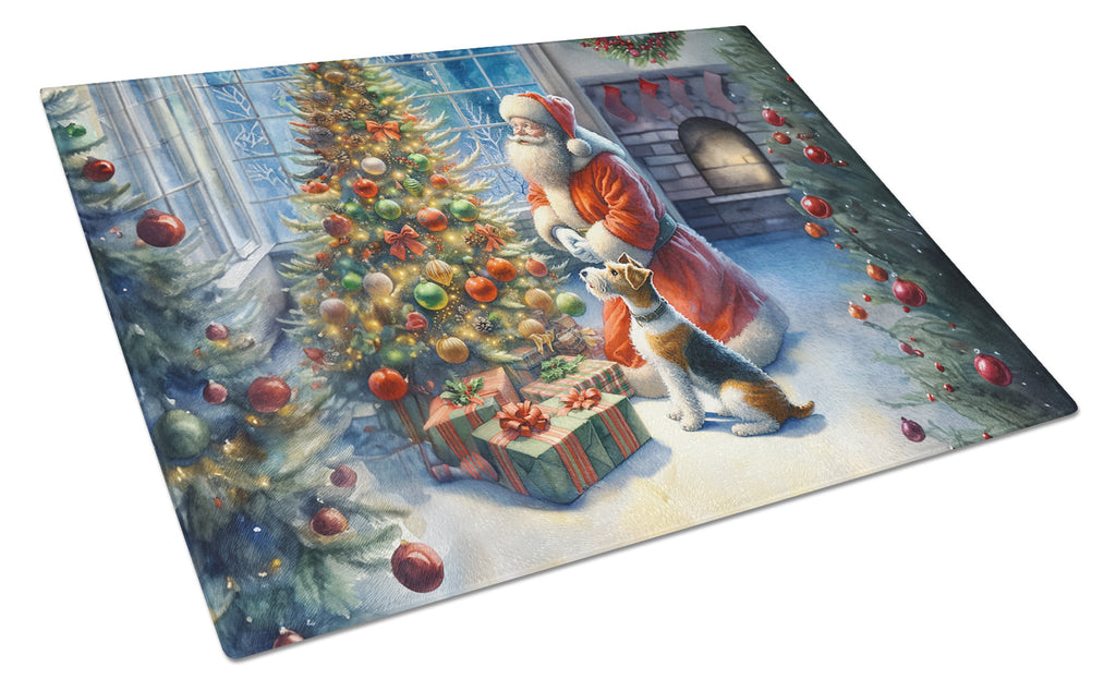 Fox Terrier and Santa Claus Cutting Board Tempered Glass Kitchen Cutting Surface, Heat Resistant Chopping, Non-Slip Feet, Food Prep & Serving