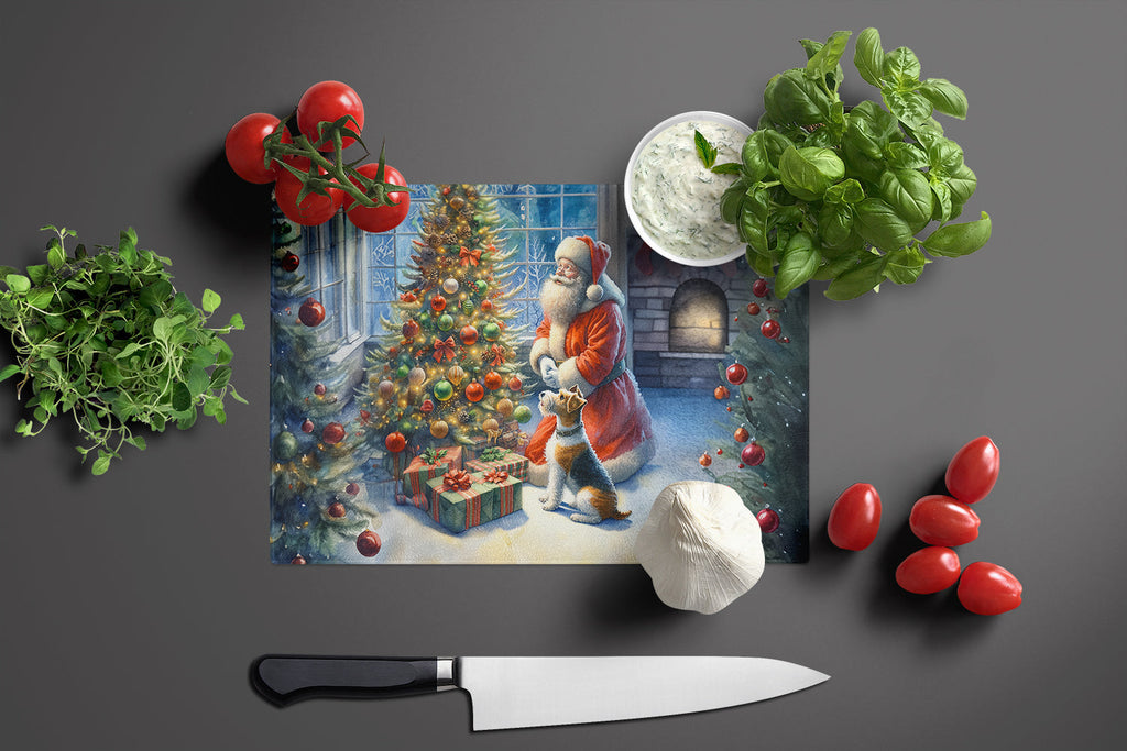 Fox Terrier and Santa Claus Cutting Board Tempered Glass Kitchen Cutting Surface, Heat Resistant Chopping, Non-Slip Feet, Food Prep & Serving