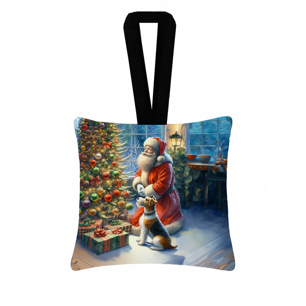 Fox Terrier and Santa Claus Hanging Square Fabric Ornament 3.5 × 3.5 Decorative Door-Knob & Tree Hanger, Soft Fabric