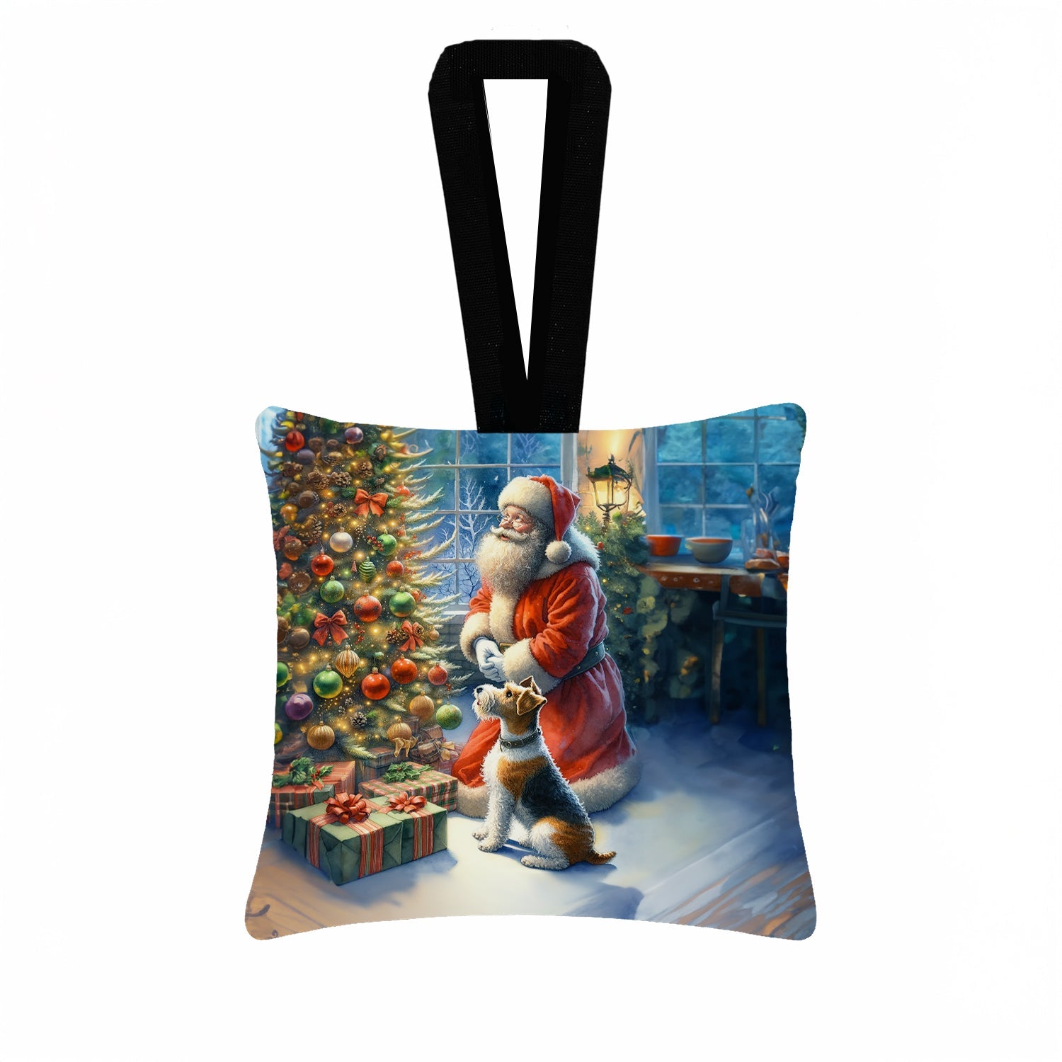 Fox Terrier and Santa Claus Hanging Square Fabric Ornament 3.5 × 3.5 Decorative Door-Knob & Tree Hanger, Soft Fabric