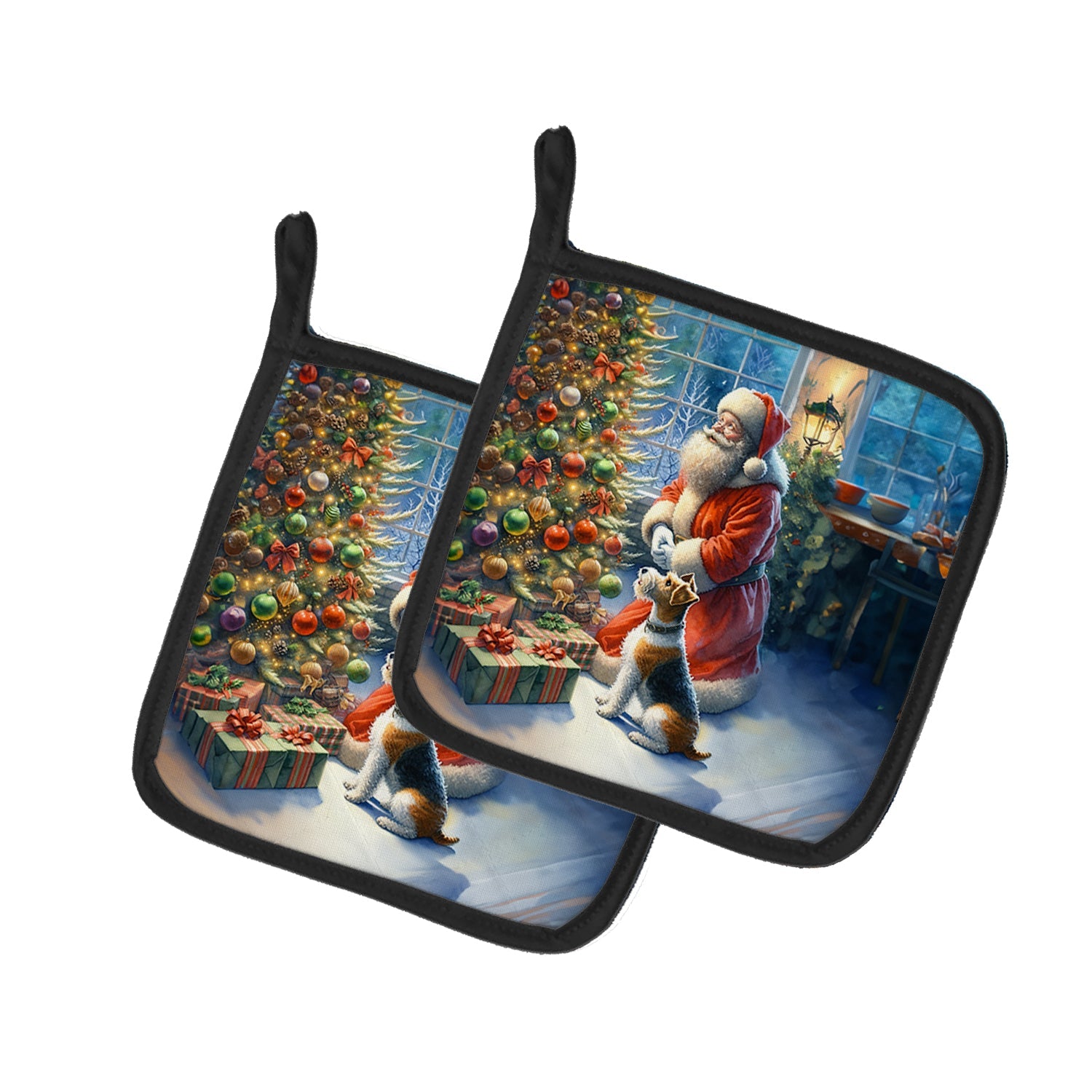 Fox Terrier and Santa Claus Pot Holder Set of 2 Heat Resistant Quilted Hot Pads 7.5 x 7.5 Inch, Insulated Kitchen Trivets for Cooking & Baking