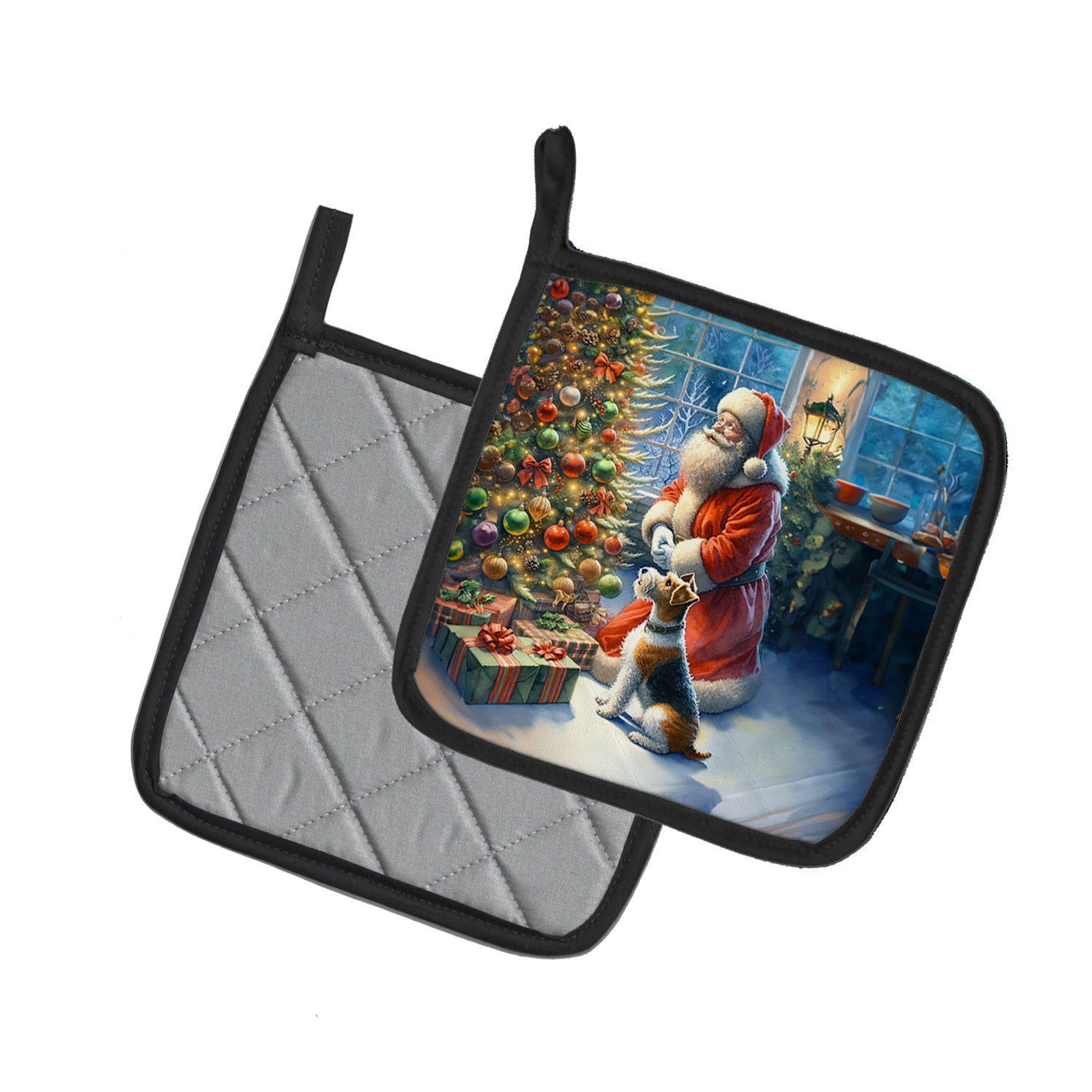Fox Terrier and Santa Claus Pot Holder Set of 2 Heat Resistant Quilted Hot Pads 7.5 x 7.5 Inch, Insulated Kitchen Trivets for Cooking & Baking