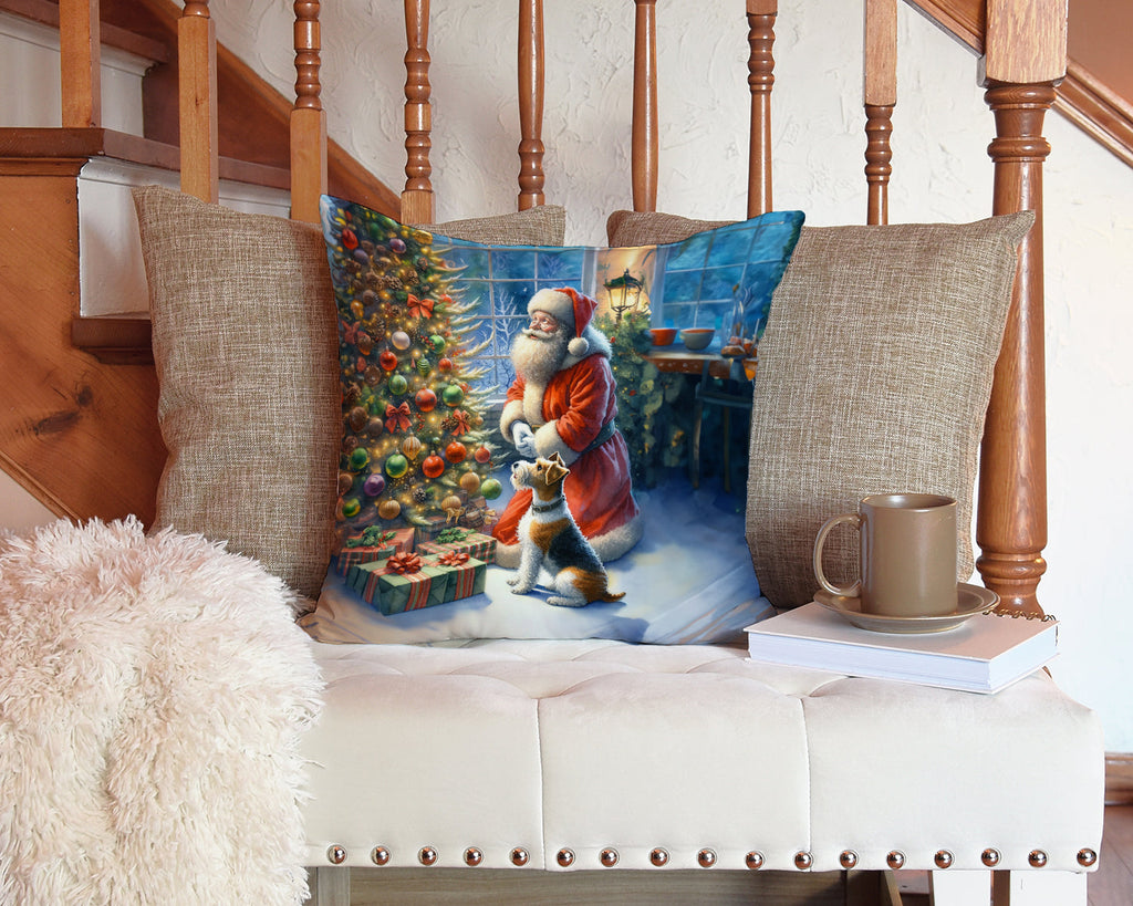 Fox Terrier and Santa Claus Decorative Throw Pillow 14x14 Indoor Outdoor Accent Cushion, Fabric Cover with Insert for Sofa, Bed, Porch & Living Room