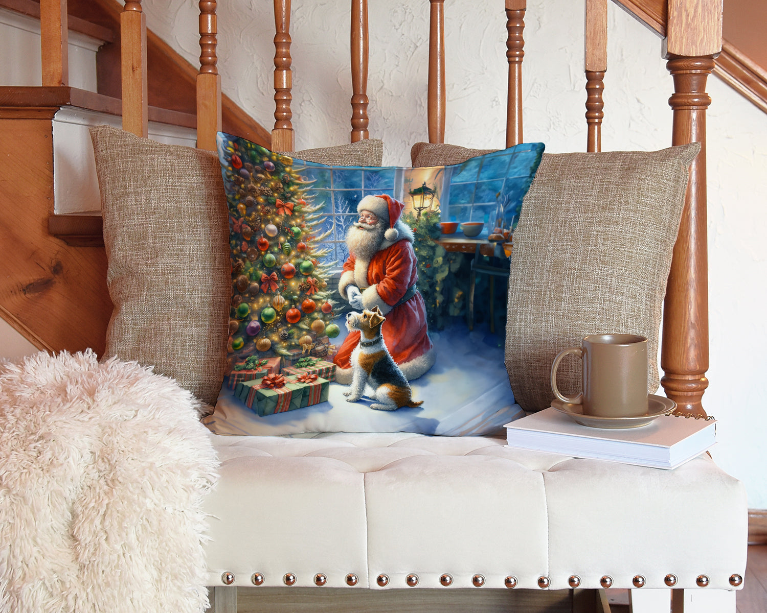 Fox Terrier and Santa Claus Decorative Throw Pillow 14x14 Indoor Outdoor Accent Cushion, Fabric Cover with Insert for Sofa, Bed, Porch & Living Room