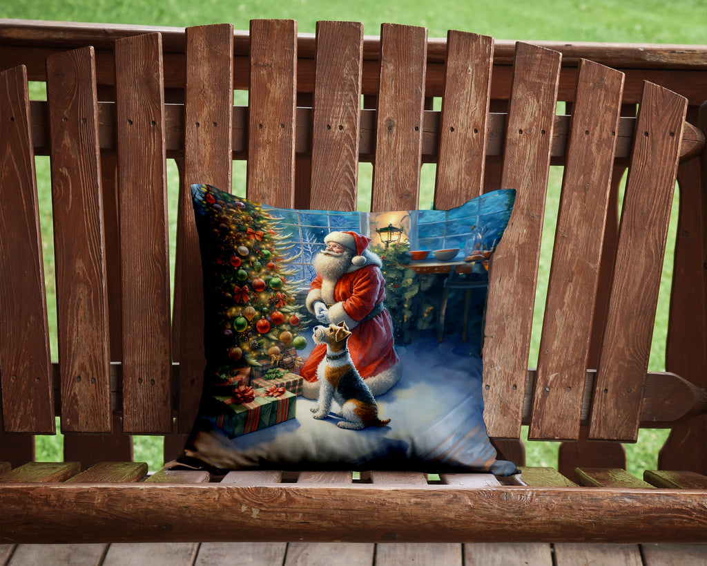 Fox Terrier and Santa Claus Decorative Throw Pillow 14x14 Indoor Outdoor Accent Cushion, Fabric Cover with Insert for Sofa, Bed, Porch & Living Room