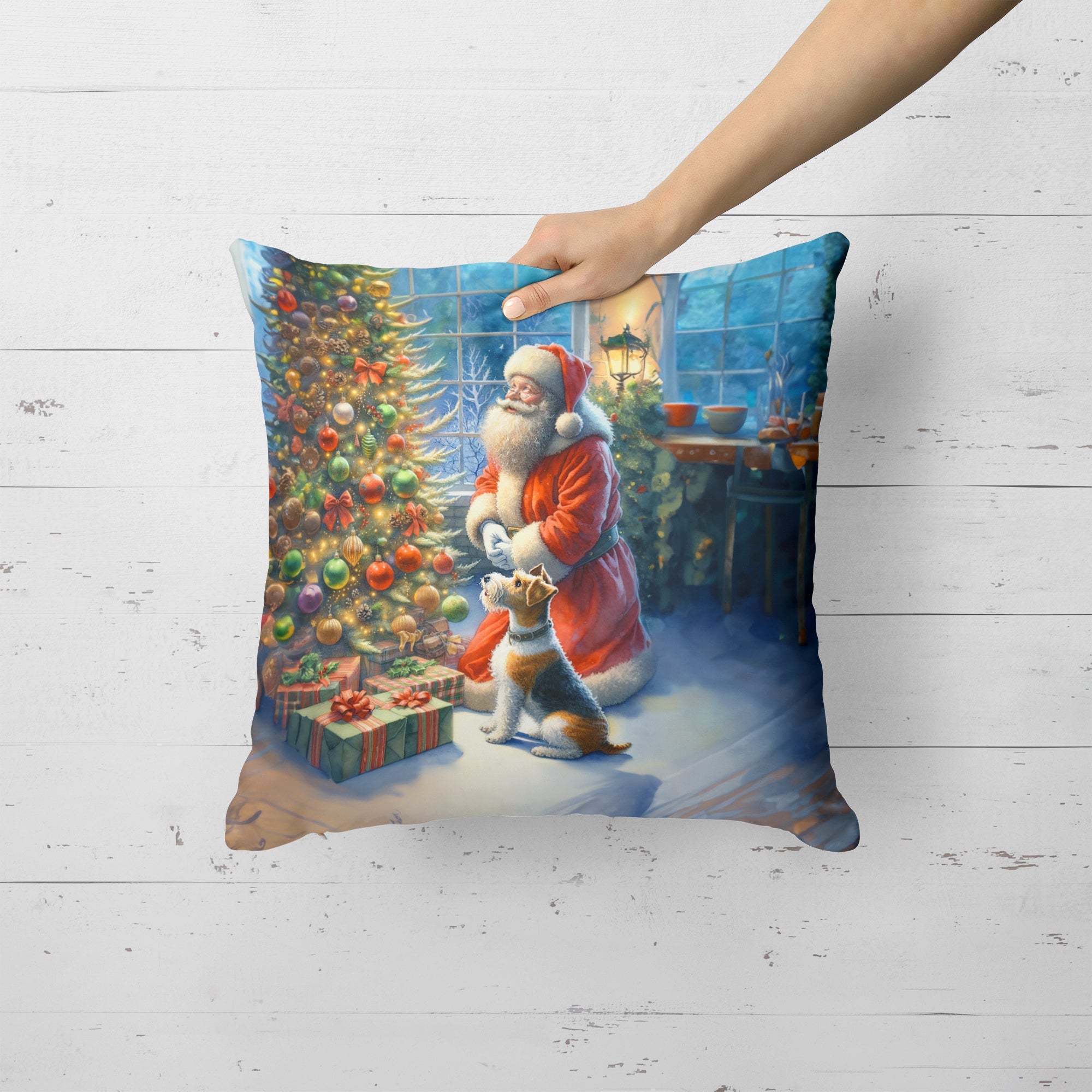 Fox Terrier and Santa Claus Decorative Throw Pillow 18x18 Indoor Outdoor Accent Cushion, Fabric Cover with Insert for Sofa, Bed, Porch & Living Room
