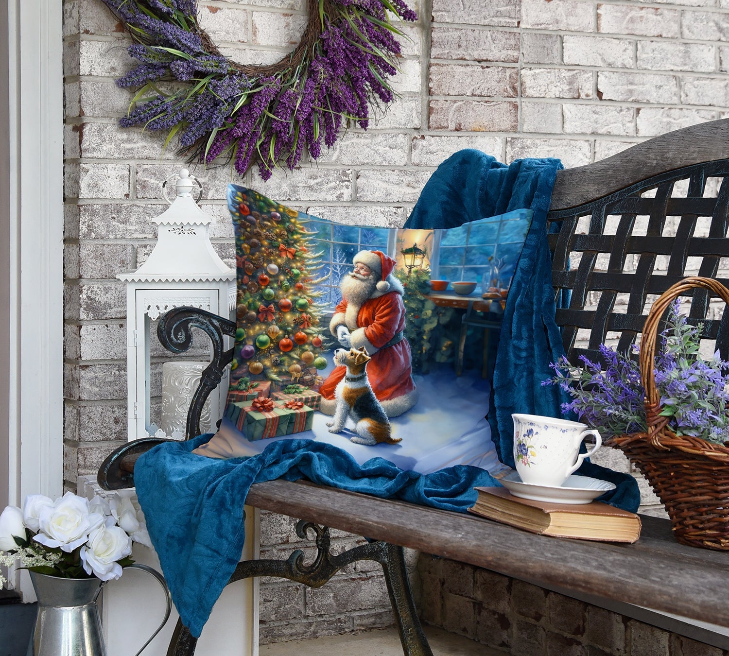 Fox Terrier and Santa Claus Decorative Throw Pillow 18x18 Indoor Outdoor Accent Cushion, Fabric Cover with Insert for Sofa, Bed, Porch & Living Room