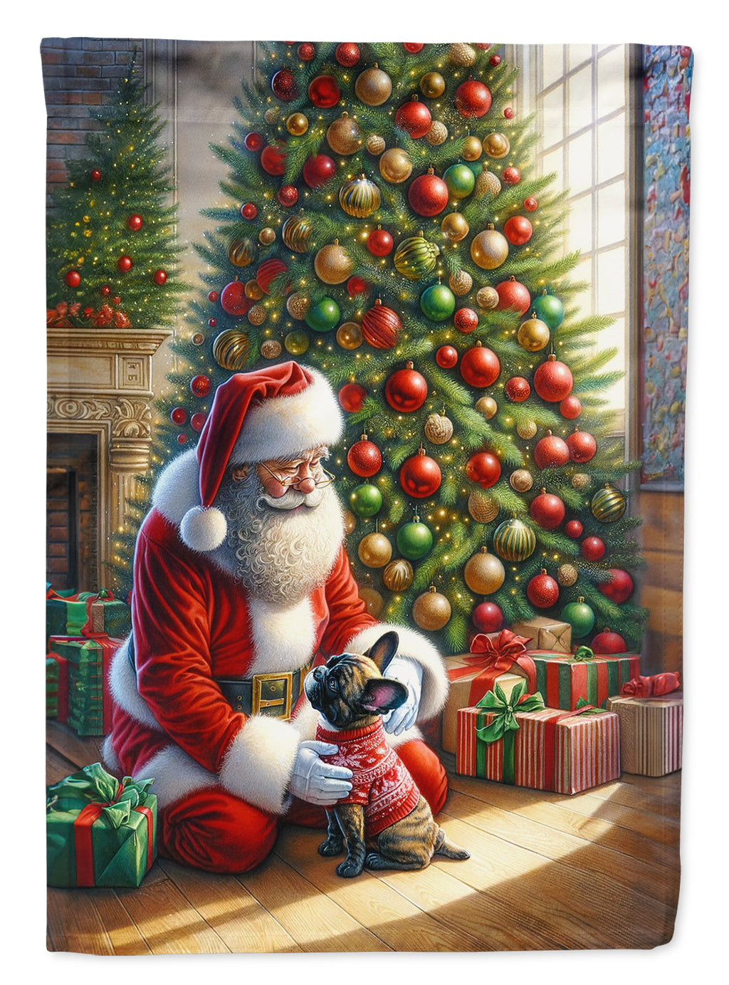 French Bulldog and Santa Claus House Flag 28x40 Porch Sleeve Pole Decorative Outside Yard Banner Artwork Wall Hanging, Polyester
