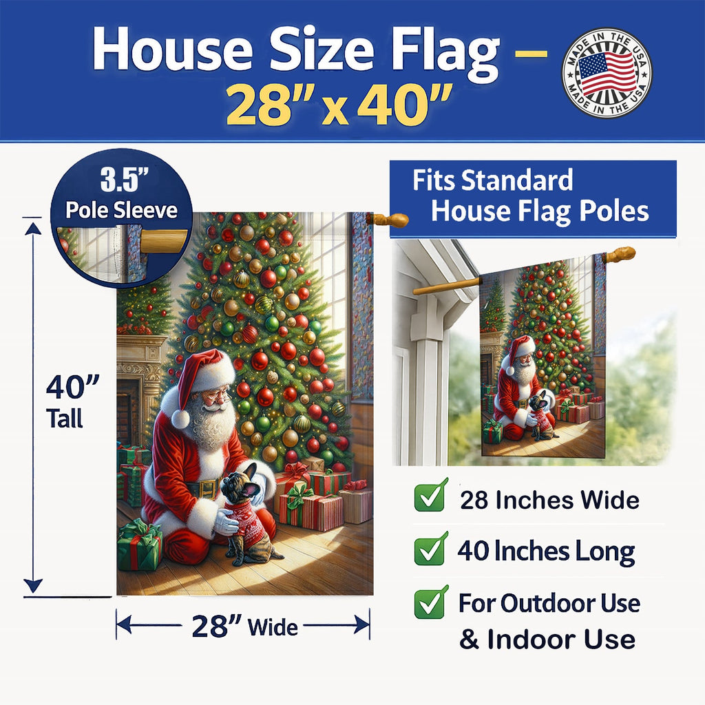 French Bulldog and Santa Claus House Flag 28x40 Porch Sleeve Pole Decorative Outside Yard Banner Artwork Wall Hanging, Polyester