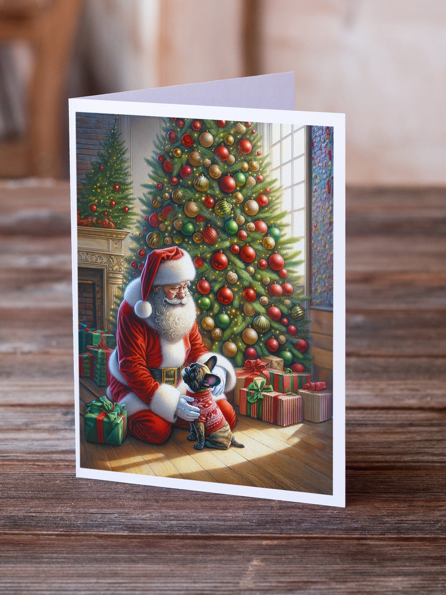 French Bulldog and Santa Claus Greeting Cards Pack of 8 Blank Cards with Envelopes Whimsical A7 Size 5x7