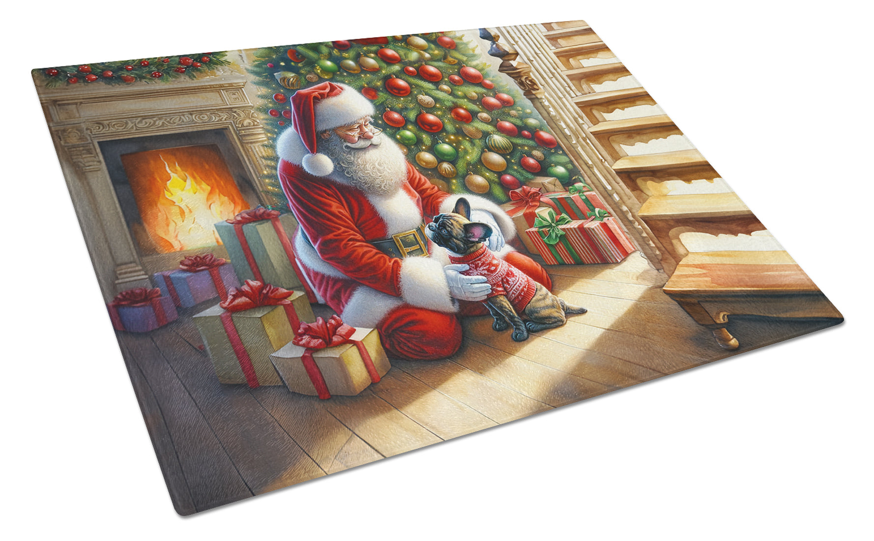 French Bulldog and Santa Claus Cutting Board Tempered Glass Kitchen Cutting Surface, Heat Resistant Chopping, Non-Slip Feet, Food Prep & Serving