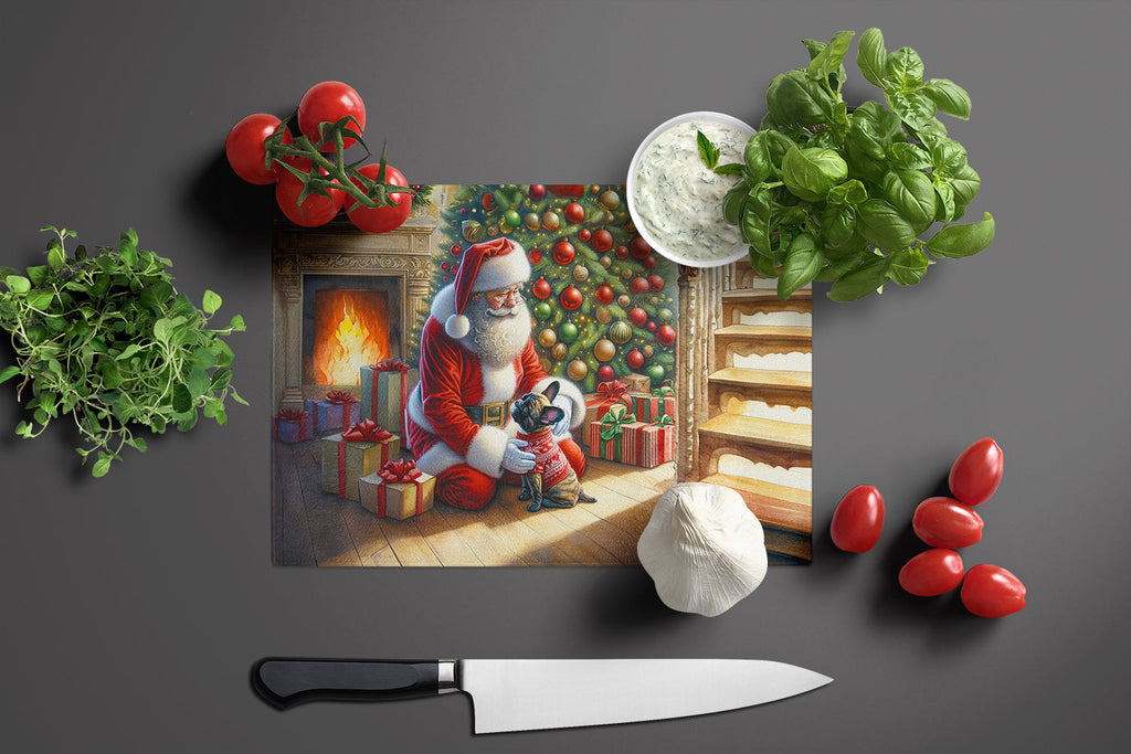 French Bulldog and Santa Claus Cutting Board Tempered Glass Kitchen Cutting Surface, Heat Resistant Chopping, Non-Slip Feet, Food Prep & Serving