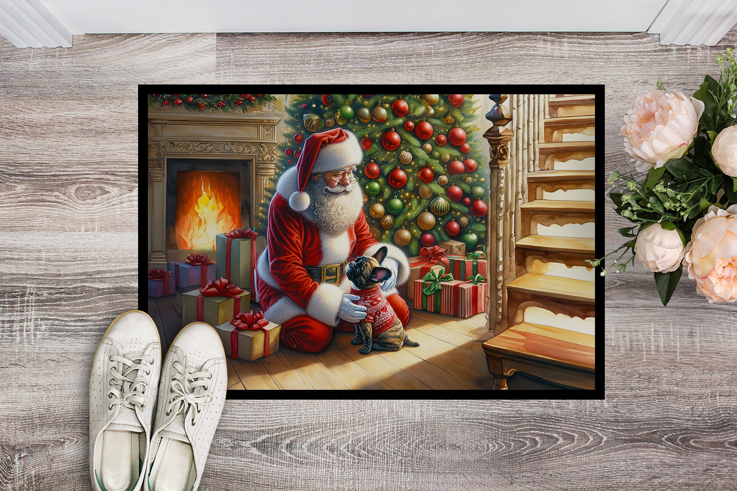 French Bulldog and Santa Claus Doormat Indoor Outdoor 18H X 27W Front Door Mat Rugs for Entryway, Non Slip Washable