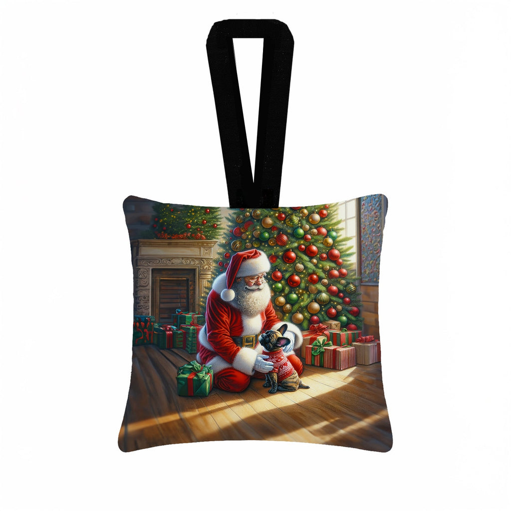 French Bulldog and Santa Claus Hanging Square Fabric Ornament 3.5 × 3.5 Decorative Door-Knob & Tree Hanger, Soft Fabric