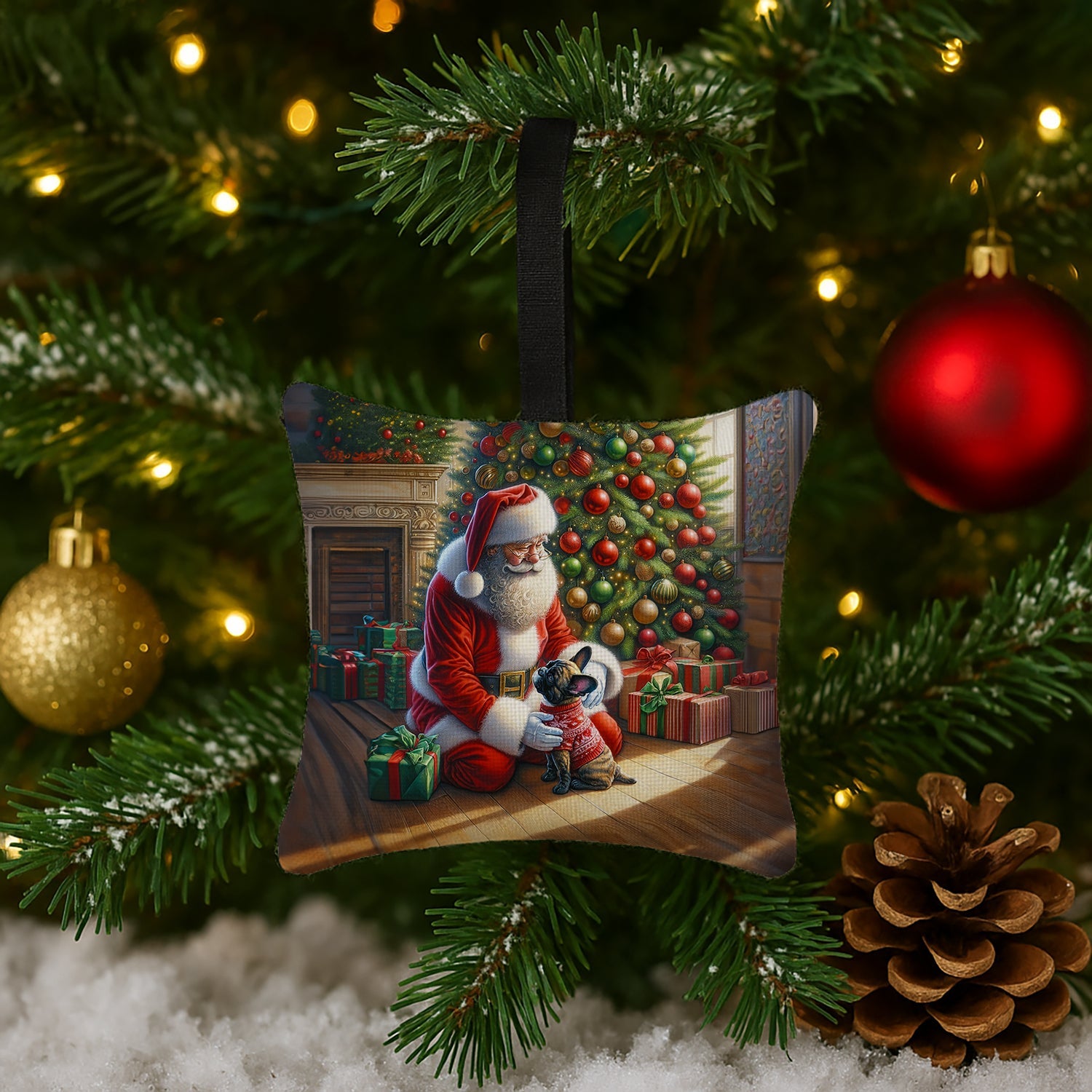 French Bulldog and Santa Claus Hanging Square Fabric Ornament 3.5 × 3.5 Decorative Door-Knob & Tree Hanger, Soft Fabric