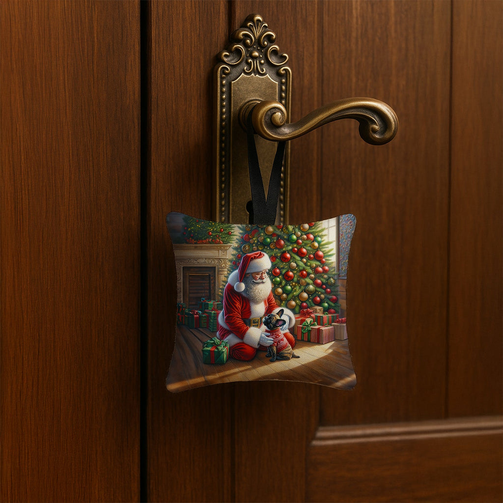 French Bulldog and Santa Claus Hanging Square Fabric Ornament 3.5 × 3.5 Decorative Door-Knob & Tree Hanger, Soft Fabric