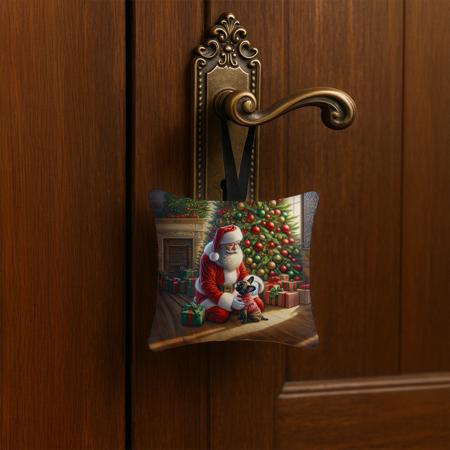 French Bulldog and Santa Claus Hanging Square Fabric Ornament 3.5 × 3.5 Decorative Door-Knob & Tree Hanger, Soft Fabric
