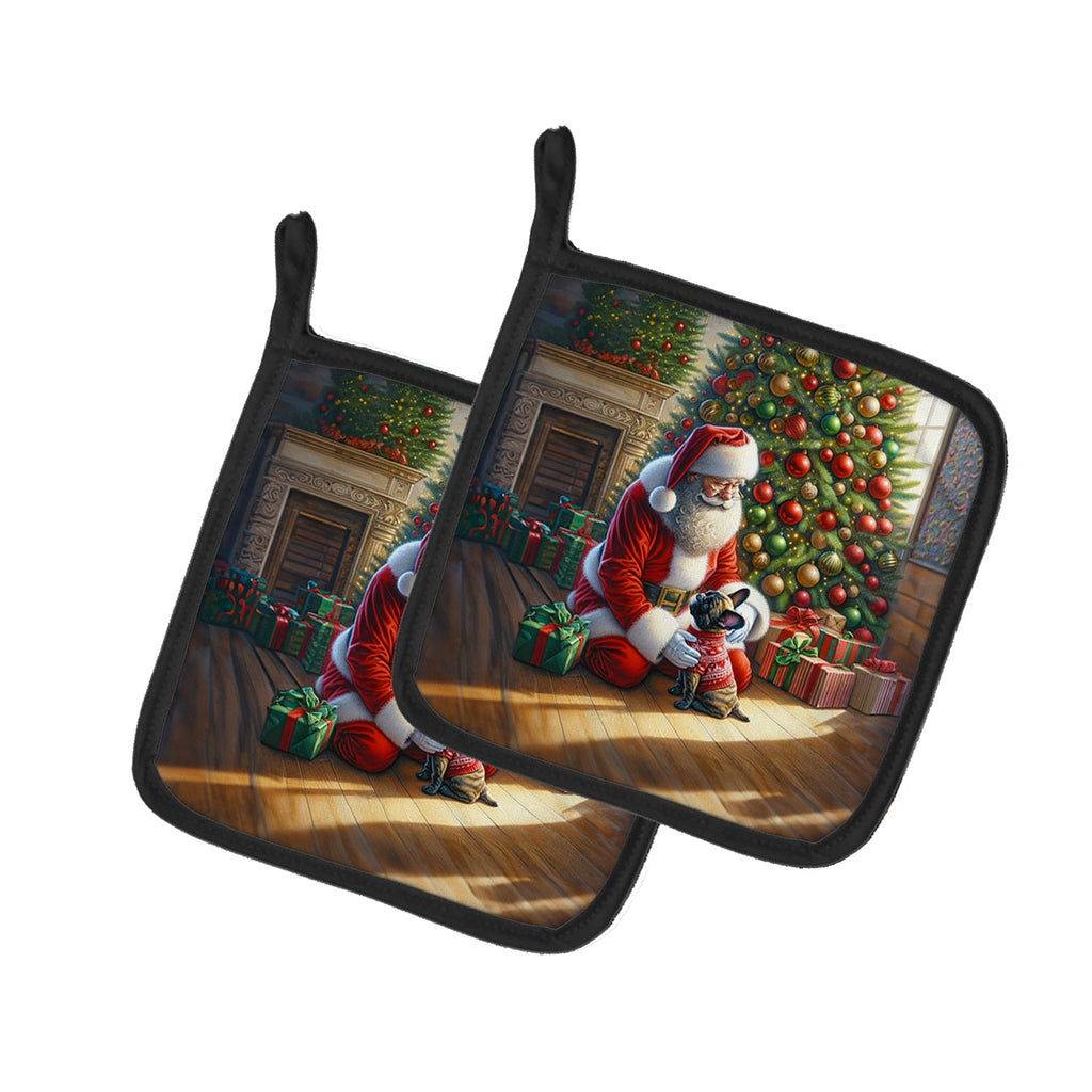 French Bulldog and Santa Claus Pot Holder Set of 2 Heat Resistant Quilted Hot Pads 7.5 x 7.5 Inch, Insulated Kitchen Trivets for Cooking & Baking