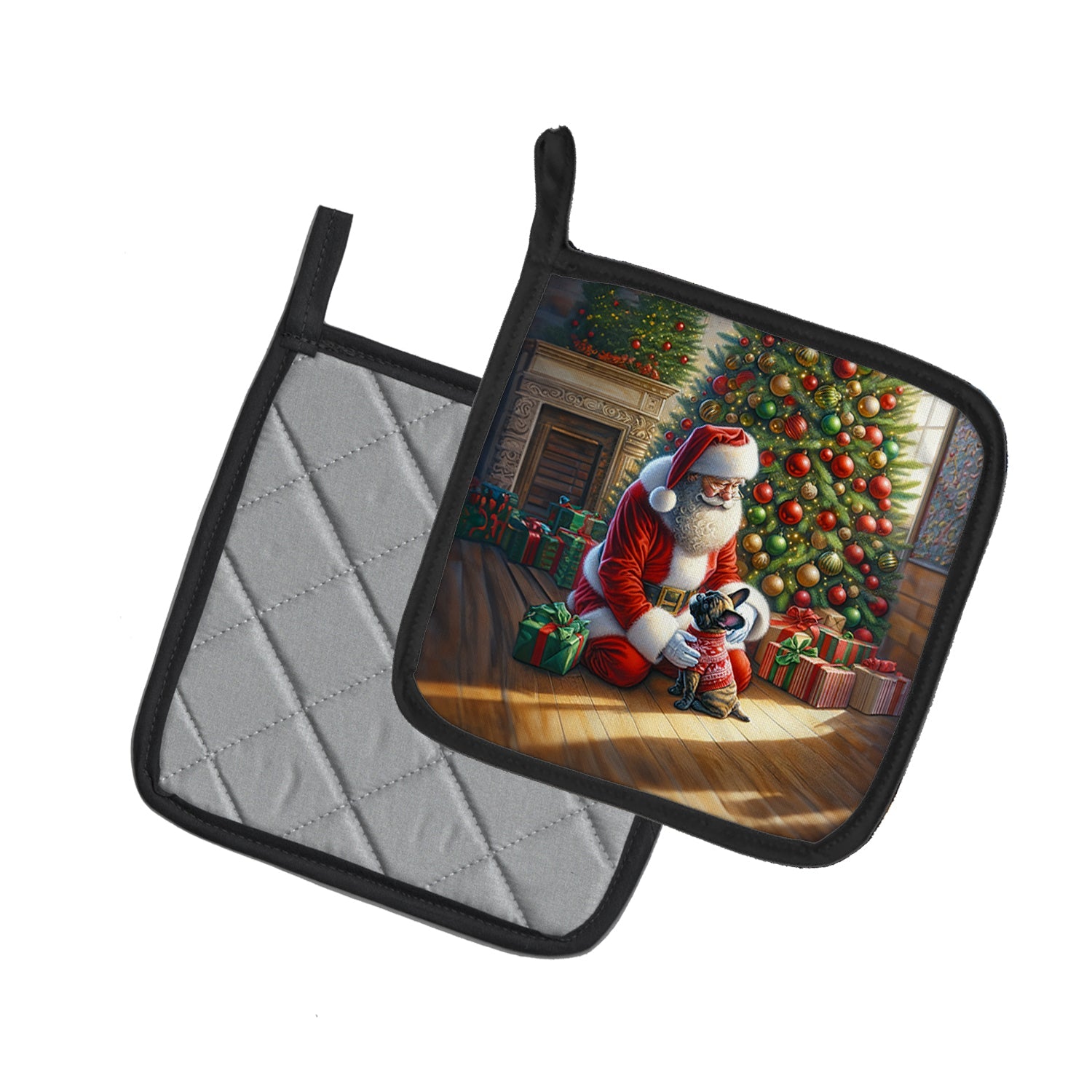 French Bulldog and Santa Claus Pot Holder Set of 2 Heat Resistant Quilted Hot Pads 7.5 x 7.5 Inch, Insulated Kitchen Trivets for Cooking & Baking