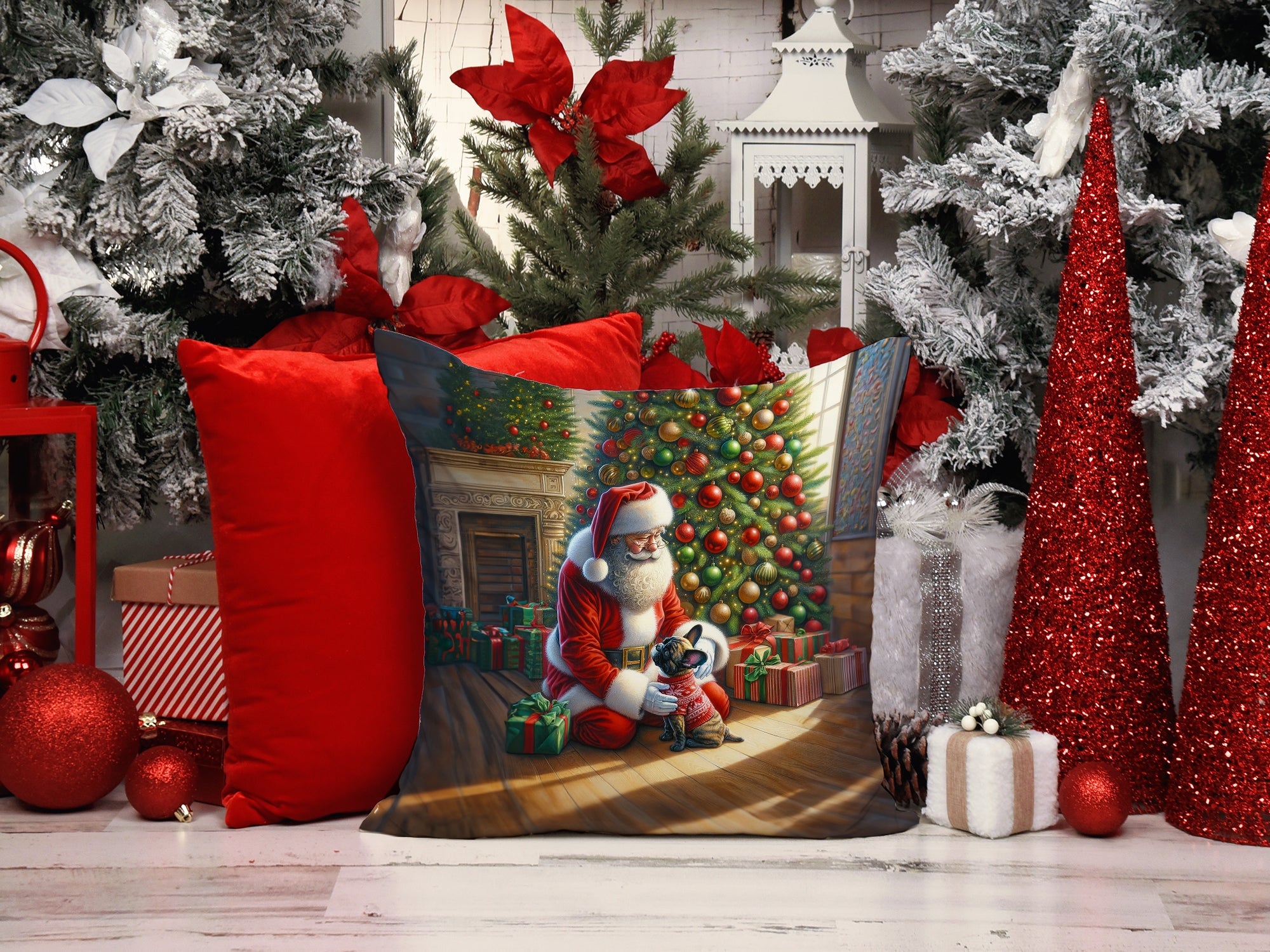 French Bulldog and Santa Claus Decorative Throw Pillow 14x14 Indoor Outdoor Accent Cushion, Fabric Cover with Insert for Sofa, Bed, Porch & Living Room