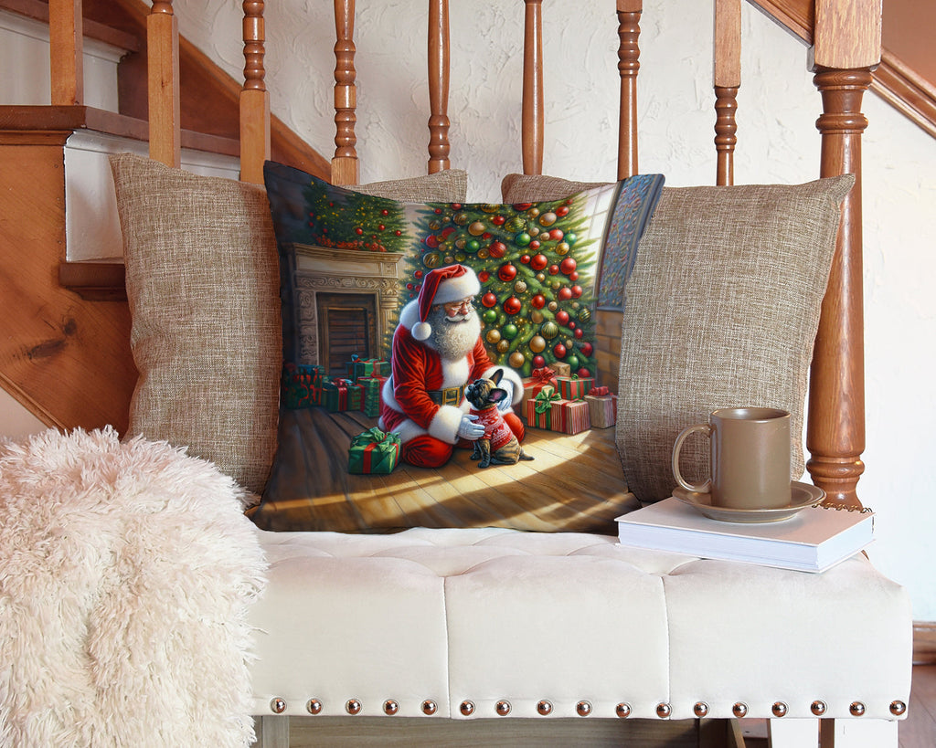 French Bulldog and Santa Claus Decorative Throw Pillow 14x14 Indoor Outdoor Accent Cushion, Fabric Cover with Insert for Sofa, Bed, Porch & Living Room