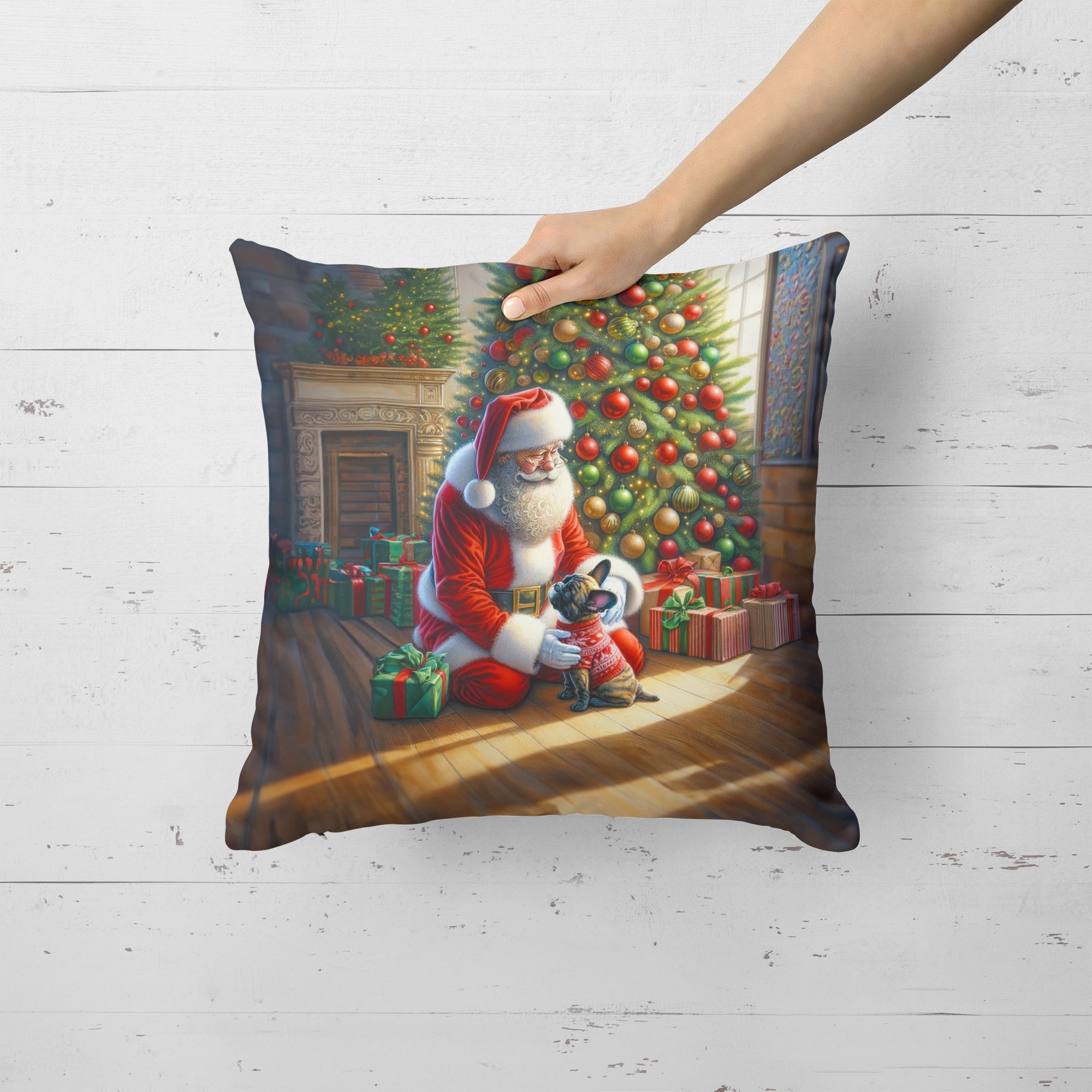French Bulldog and Santa Claus Decorative Throw Pillow 18x18 Indoor Outdoor Accent Cushion, Fabric Cover with Insert for Sofa, Bed, Porch & Living Room