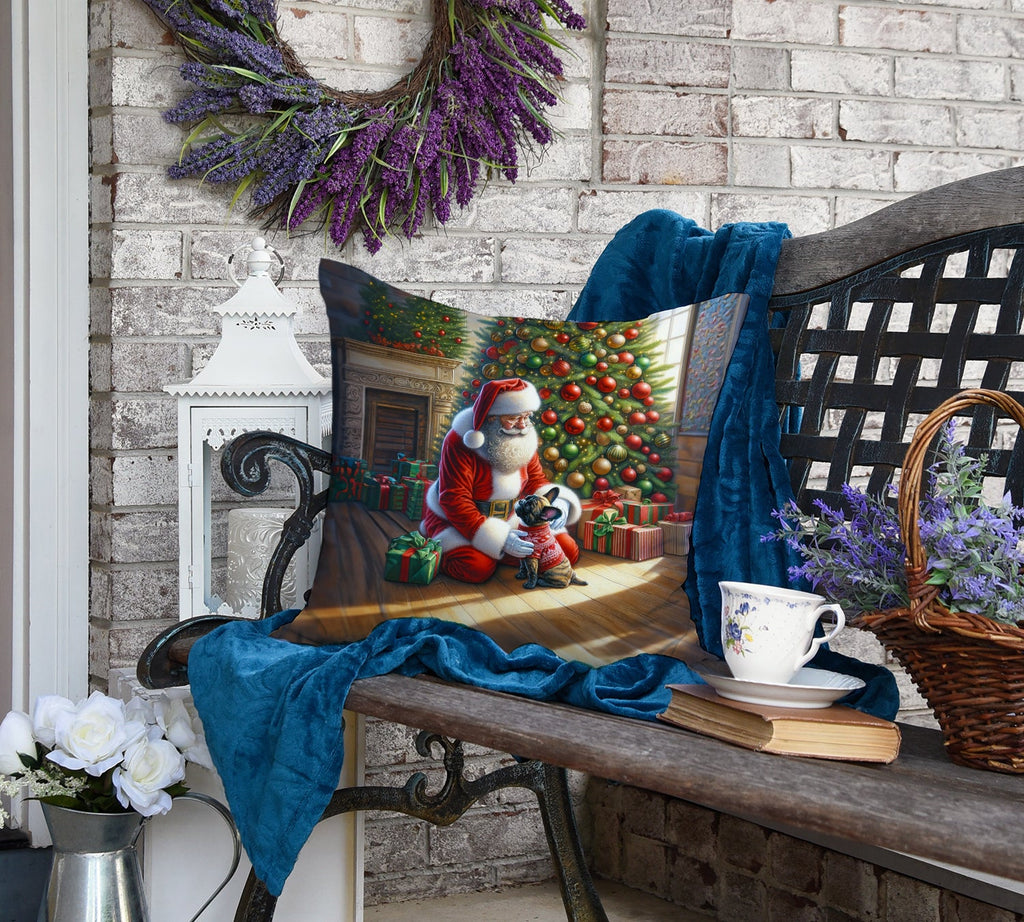 French Bulldog and Santa Claus Decorative Throw Pillow 18x18 Indoor Outdoor Accent Cushion, Fabric Cover with Insert for Sofa, Bed, Porch & Living Room