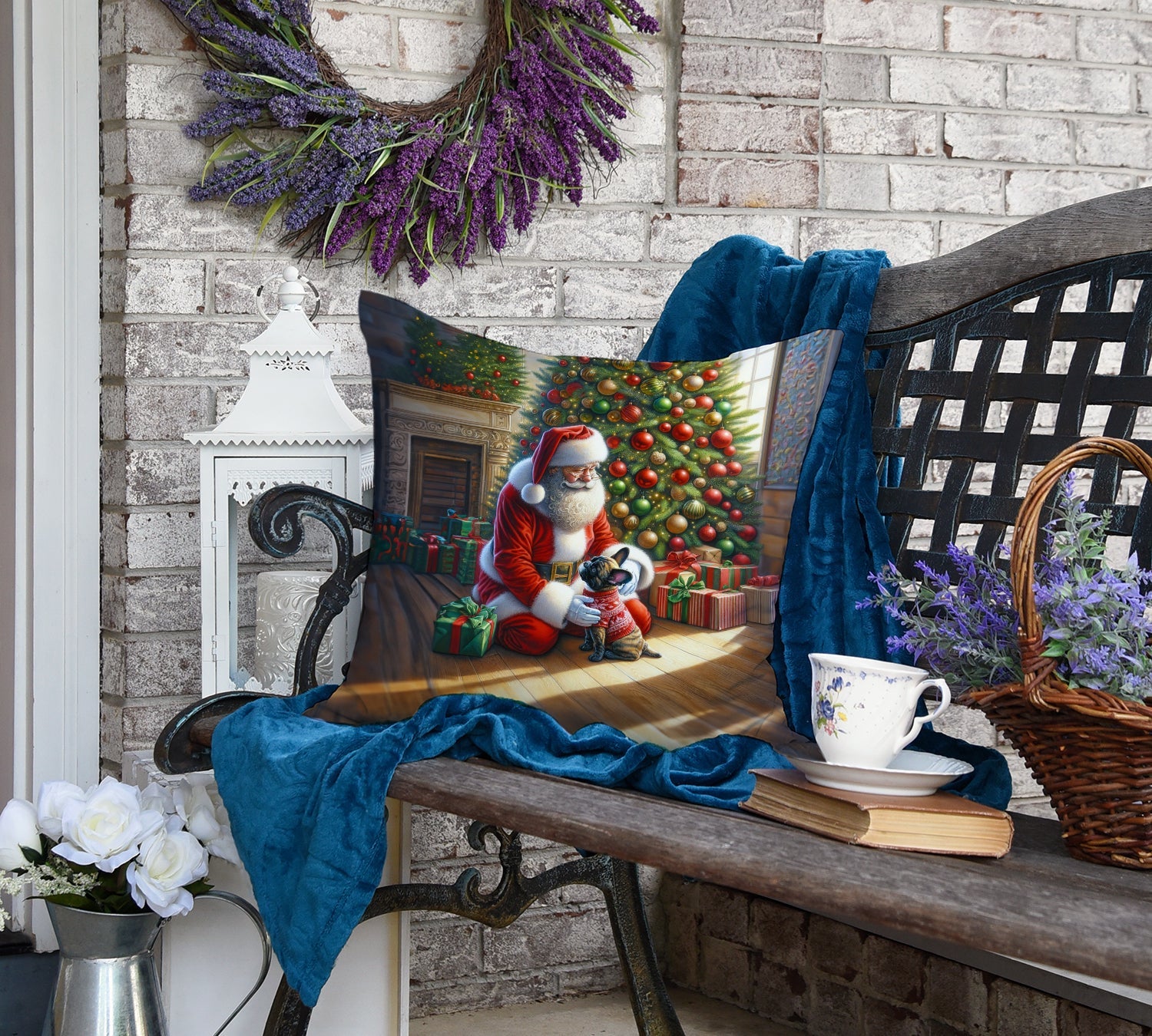 French Bulldog and Santa Claus Decorative Throw Pillow 18x18 Indoor Outdoor Accent Cushion, Fabric Cover with Insert for Sofa, Bed, Porch & Living Room