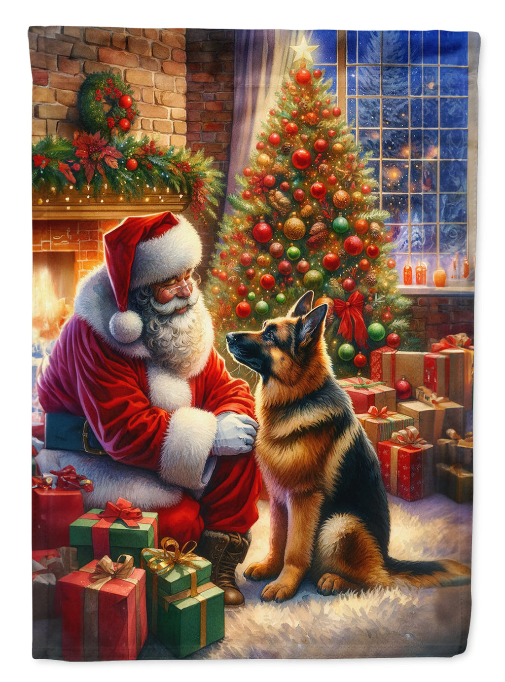 German Shepherd and Santa Claus House Flag 28x40 Porch Sleeve Pole Decorative Outside Yard Banner Artwork Wall Hanging, Polyester