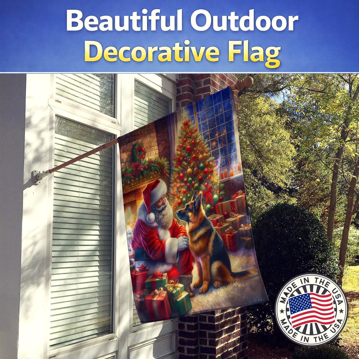 German Shepherd and Santa Claus House Flag 28x40 Porch Sleeve Pole Decorative Outside Yard Banner Artwork Wall Hanging, Polyester