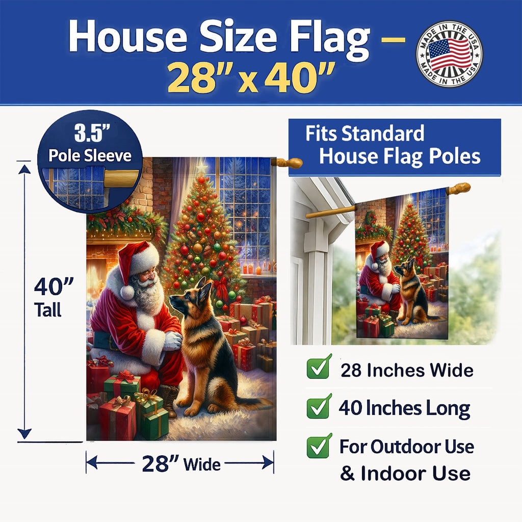 German Shepherd and Santa Claus House Flag 28x40 Porch Sleeve Pole Decorative Outside Yard Banner Artwork Wall Hanging, Polyester