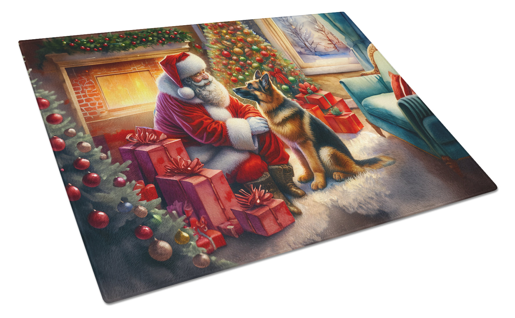 German Shepherd and Santa Claus Cutting Board Tempered Glass Kitchen Cutting Surface, Heat Resistant Chopping, Non-Slip Feet, Food Prep & Serving