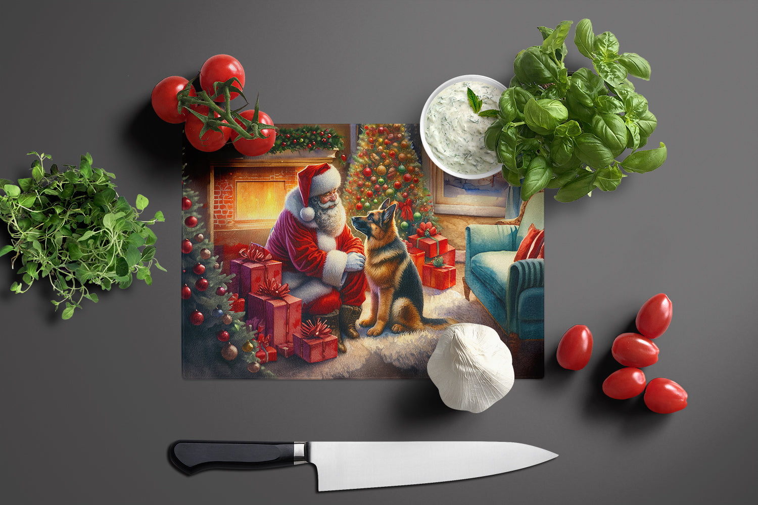 German Shepherd and Santa Claus Cutting Board Tempered Glass Kitchen Cutting Surface, Heat Resistant Chopping, Non-Slip Feet, Food Prep & Serving