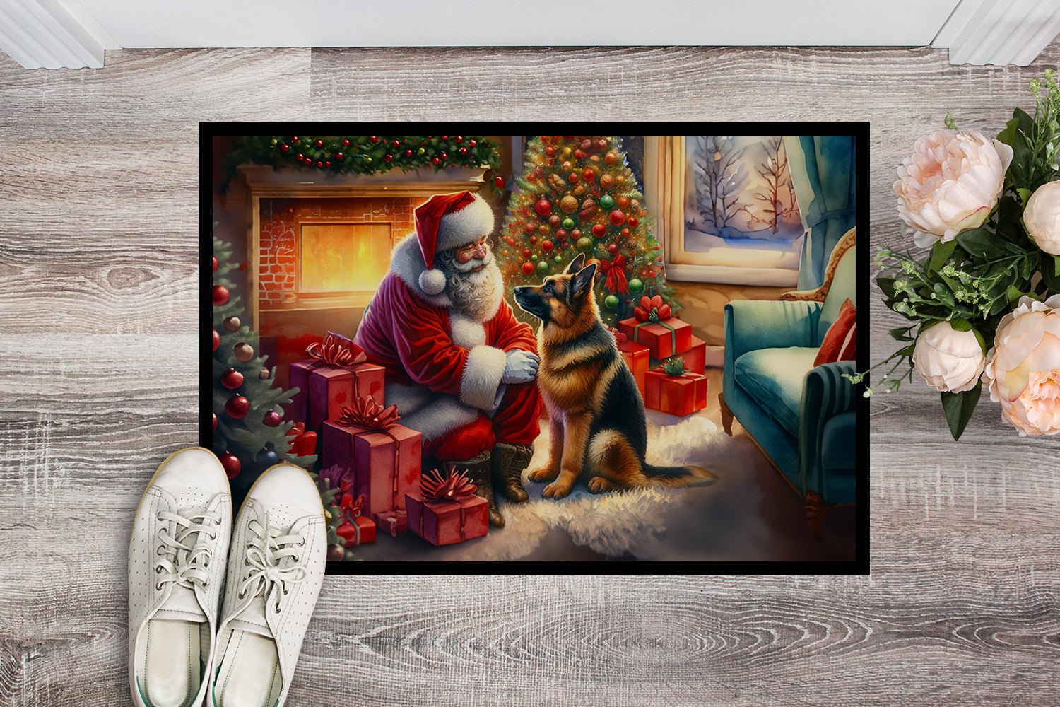 German Shepherd and Santa Claus Doormat Indoor Outdoor 18H X 27W Front Door Mat Rugs for Entryway, Non Slip Washable
