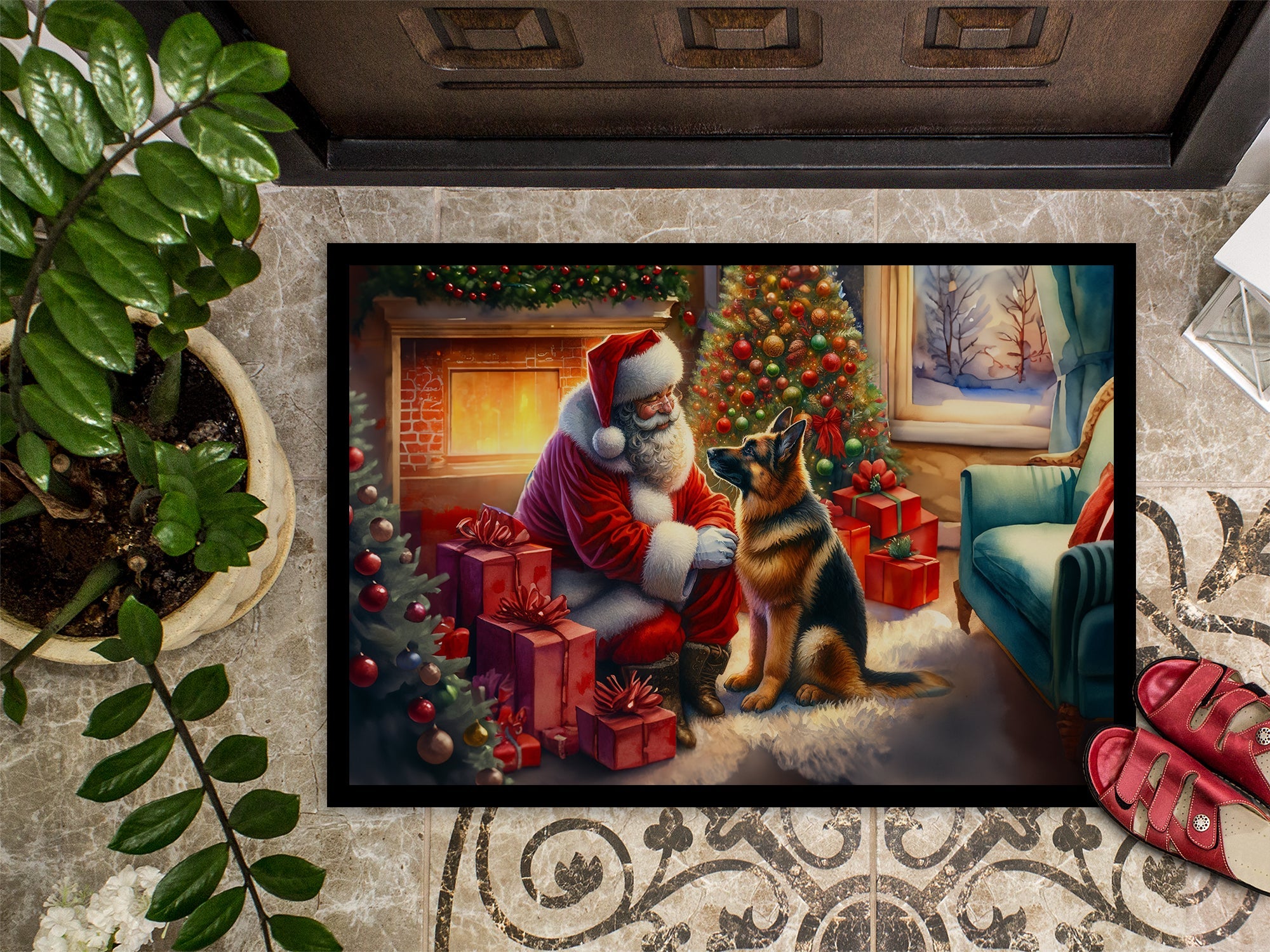German Shepherd and Santa Claus Doormat Indoor Outdoor 18H X 27W Front Door Mat Rugs for Entryway, Non Slip Washable