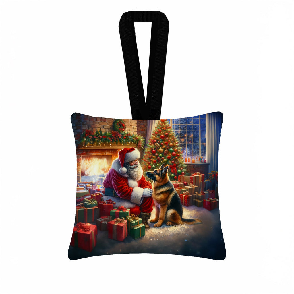 German Shepherd and Santa Claus Hanging Square Fabric Ornament 3.5 × 3.5 Decorative Door-Knob & Tree Hanger, Soft Fabric