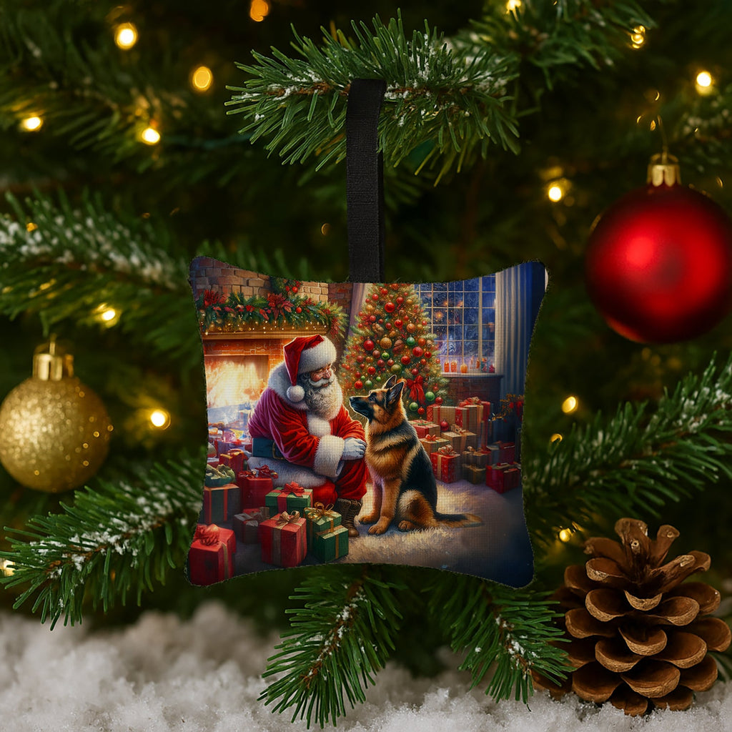 German Shepherd and Santa Claus Hanging Square Fabric Ornament 3.5 × 3.5 Decorative Door-Knob & Tree Hanger, Soft Fabric