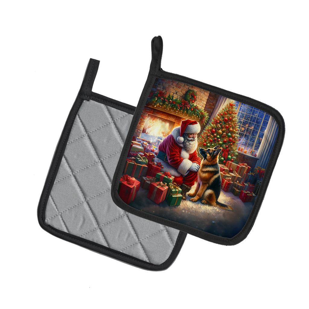 German Shepherd and Santa Claus Pot Holder Set of 2 Heat Resistant Quilted Hot Pads 7.5 x 7.5 Inch, Insulated Kitchen Trivets for Cooking & Baking