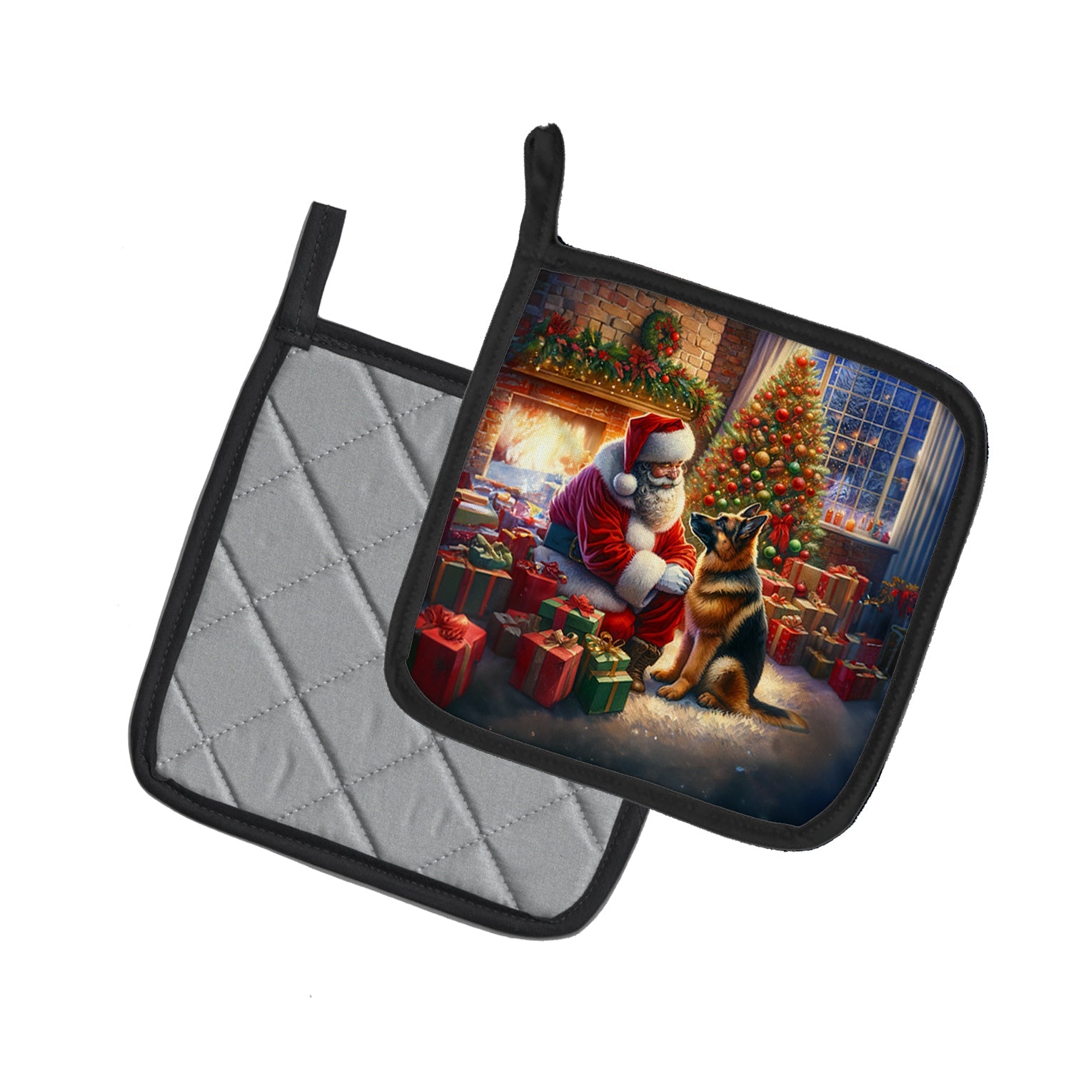 German Shepherd and Santa Claus Pot Holder Set of 2 Heat Resistant Quilted Hot Pads 7.5 x 7.5 Inch, Insulated Kitchen Trivets for Cooking & Baking