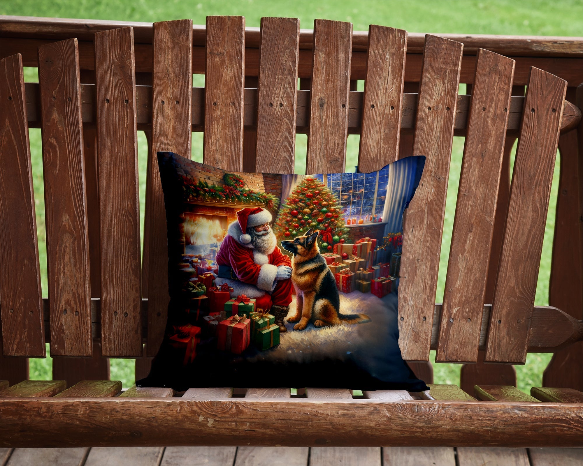 German Shepherd and Santa Claus Decorative Throw Pillow 14x14 Indoor Outdoor Accent Cushion, Fabric Cover with Insert for Sofa, Bed, Porch & Living Room