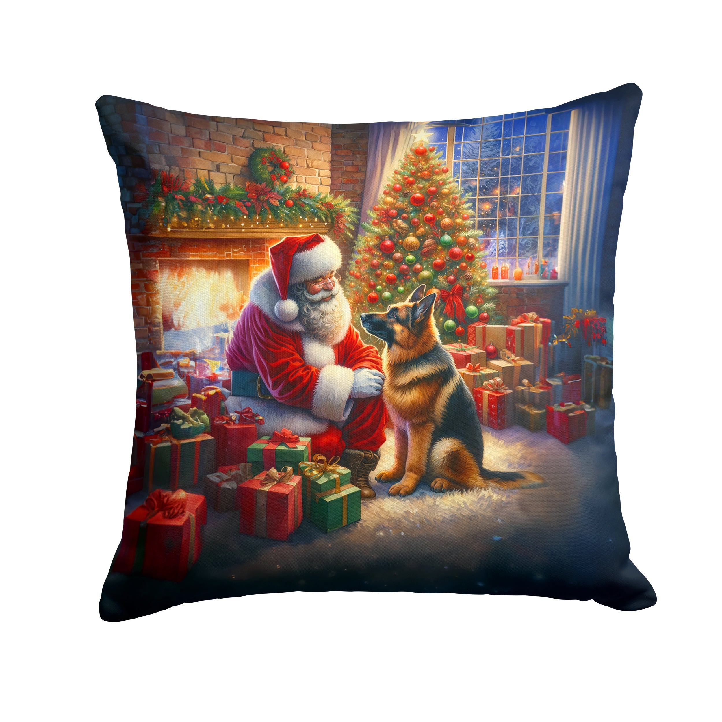 German Shepherd and Santa Claus Decorative Throw Pillow 18x18 Indoor Outdoor Accent Cushion, Fabric Cover with Insert for Sofa, Bed, Porch & Living Room