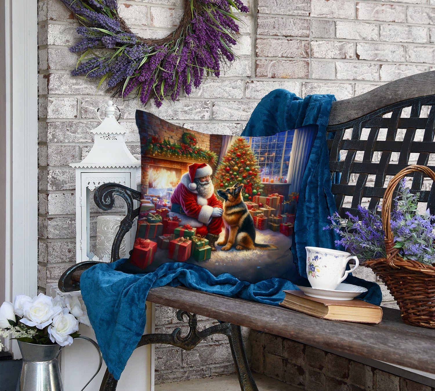 German Shepherd and Santa Claus Decorative Throw Pillow 18x18 Indoor Outdoor Accent Cushion, Fabric Cover with Insert for Sofa, Bed, Porch & Living Room