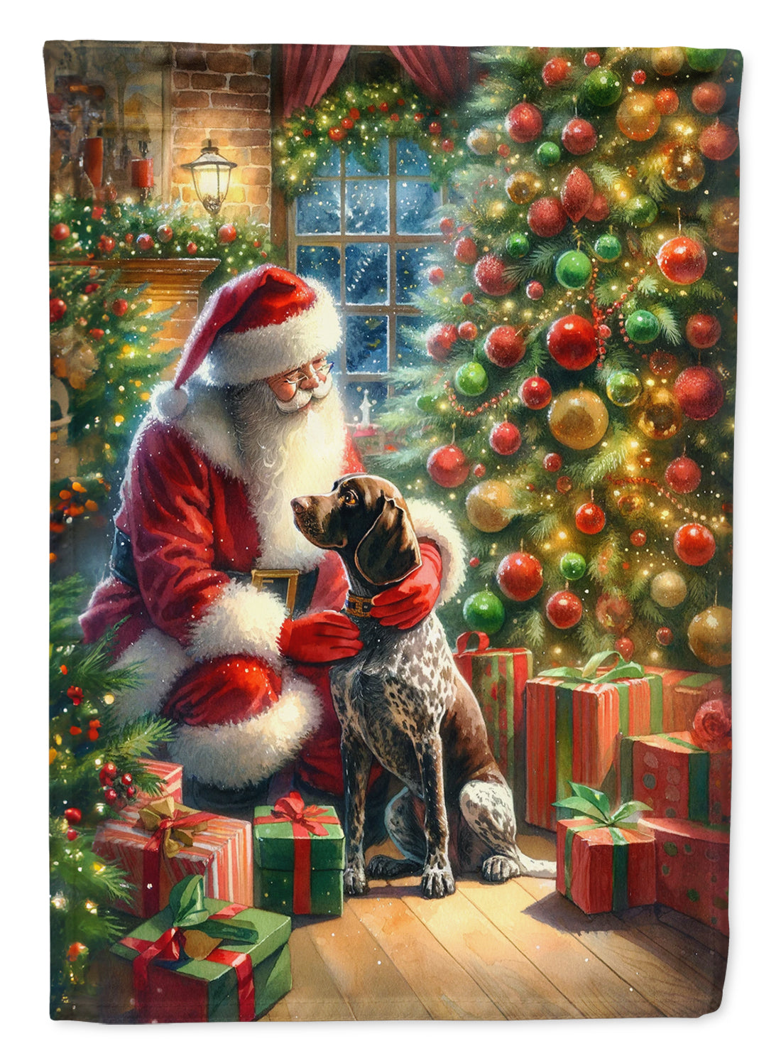 German Shorthaired Pointer and Santa Claus House Flag 28x40 Porch Sleeve Pole Decorative Outside Yard Banner Artwork Wall Hanging, Polyester