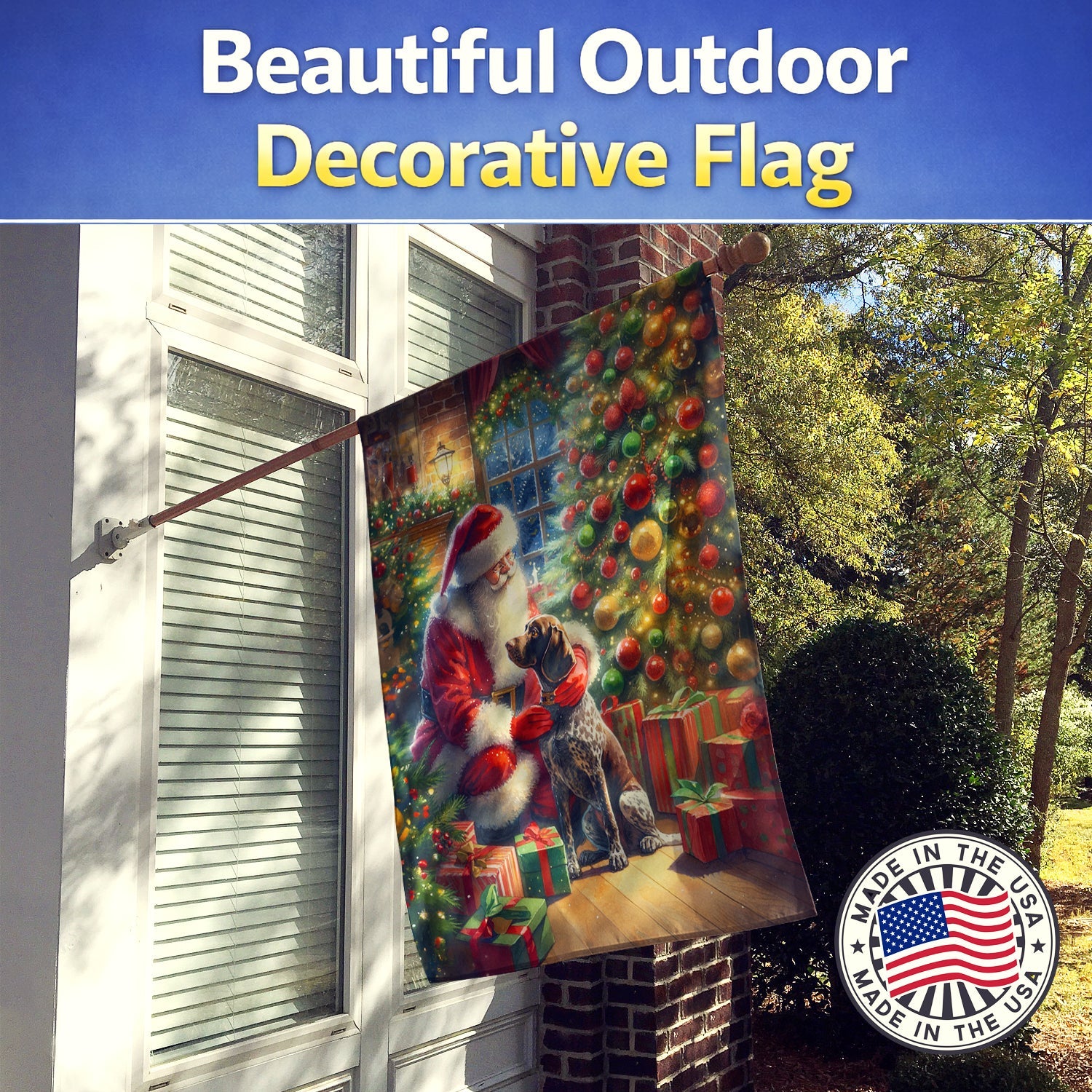 German Shorthaired Pointer and Santa Claus House Flag 28x40 Porch Sleeve Pole Decorative Outside Yard Banner Artwork Wall Hanging, Polyester