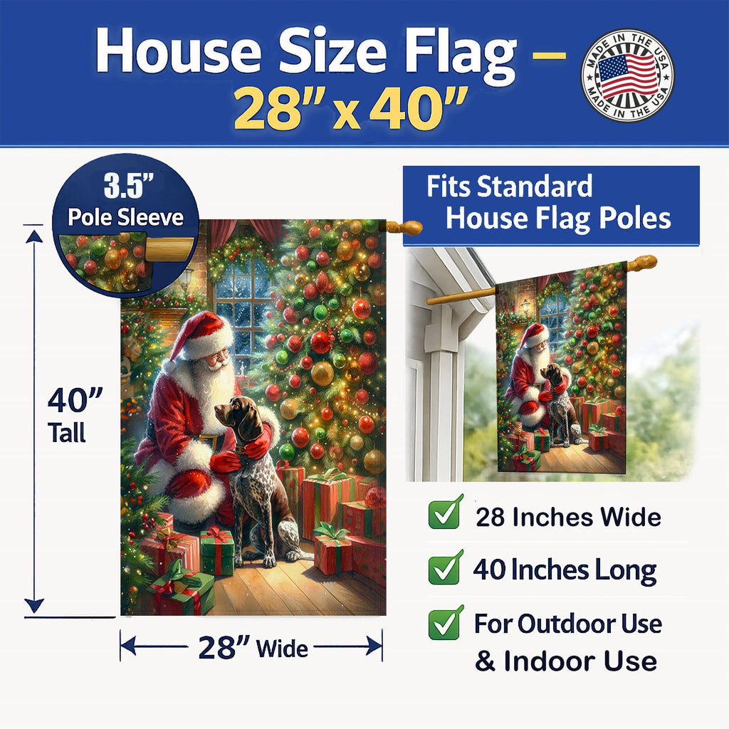 German Shorthaired Pointer and Santa Claus House Flag 28x40 Porch Sleeve Pole Decorative Outside Yard Banner Artwork Wall Hanging, Polyester